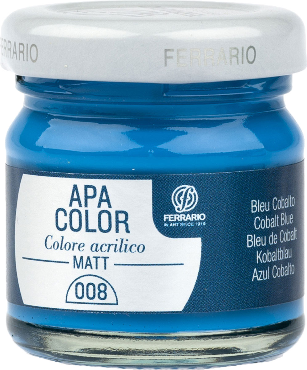 Ferrario Краска акриловая Apa Color цвет кобальт синий BA0040А0008BA0040А0008 Ferrario Краска акриловая Apa Color цвет кобальт синий BA0040А0008BA0040А0008Матовая акриловая краска Apa Color итальянской компании Ferrario на водной основе, готова к использованию. Основные качества акриловой краски Apa Color: прочность, светостойкость и экологичность. Благодаря акриловой смоле Apa Color пластична и не дает трещин. Именно поэтому краска прекрасно ложится на любые поверхности, будь то стекло, дерево или ткань, что особенно хорошо в дизайне и декоре. Она быстро сохнет, после высыхания становится водостойкой. Акриловая краска Apa Color не потускнеет со временем, ее светостойкость не позволит измениться цвету, он не выгорит на солнце и не пожелтеет. Акриловая краска Apa Color – это отличный выбор в пользу яркой живописи, так как в ее палитре только глубокие и насыщенные цвета. Из-за того, что акриловая краска Apa Color на водной основе, она почти совсем не пахнет, малотоксична – подходит для работы в помещениях, можно заниматься творчеством вместе с детьми. Акриловая краска Apa Color разводится водой, однако это не значит, что для нее нельзя использовать специальные растворители и медиумы, предназначенные для акриловых красок – в этом случае сохраняется высокая пигментированность, но объем краски увеличивается и появляется возможность создания различных фактур и эффектов. Акриловую краску Apa Color легко наносить кистью, шпателем, валиком.