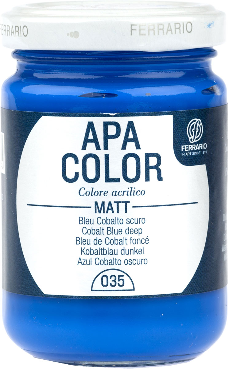Ferrario Краска акриловая Apa Color цвет кобальт темно-синий 150 млBA0095AO035 Ferrario Краска акриловая Apa Color цвет кобальт темно-синий 150 млBA0095AO035Матовая акриловая краска Apa Color итальянской компании Ferrario на водной основе, готова к использованию. Основные качества акриловой краски Apa Color: прочность, светостойкость и экологичность. Благодаря акриловой смоле Apa Color пластична и не дает трещин. Именно поэтому краска прекрасно ложится на любые поверхности, будь то стекло, дерево или ткань, что особенно хорошо в дизайне и декоре. Она быстро сохнет, после высыхания становится водостойкой. Акриловая краска Apa Color не потускнеет со временем, ее светостойкость не позволит измениться цвету, он не выгорит на солнце и не пожелтеет. Акриловая краска Apa Color – это отличный выбор в пользу яркой живописи, так как в ее палитре только глубокие и насыщенные цвета. Из-за того, что акриловая краска Apa Color на водной основе, она почти совсем не пахнет, малотоксична – подходит для работы в помещениях, можно заниматься творчеством вместе с детьми. Акриловая краска Apa Color разводится водой, однако это не значит, что для нее нельзя использовать специальные растворители и медиумы, предназначенные для акриловых красок – в этом случае сохраняется высокая пигментированность, но объем краски увеличивается и появляется возможность создания различных фактур и эффектов. Акриловую краску Apa Color легко наносить кистью, шпателем, валиком.
