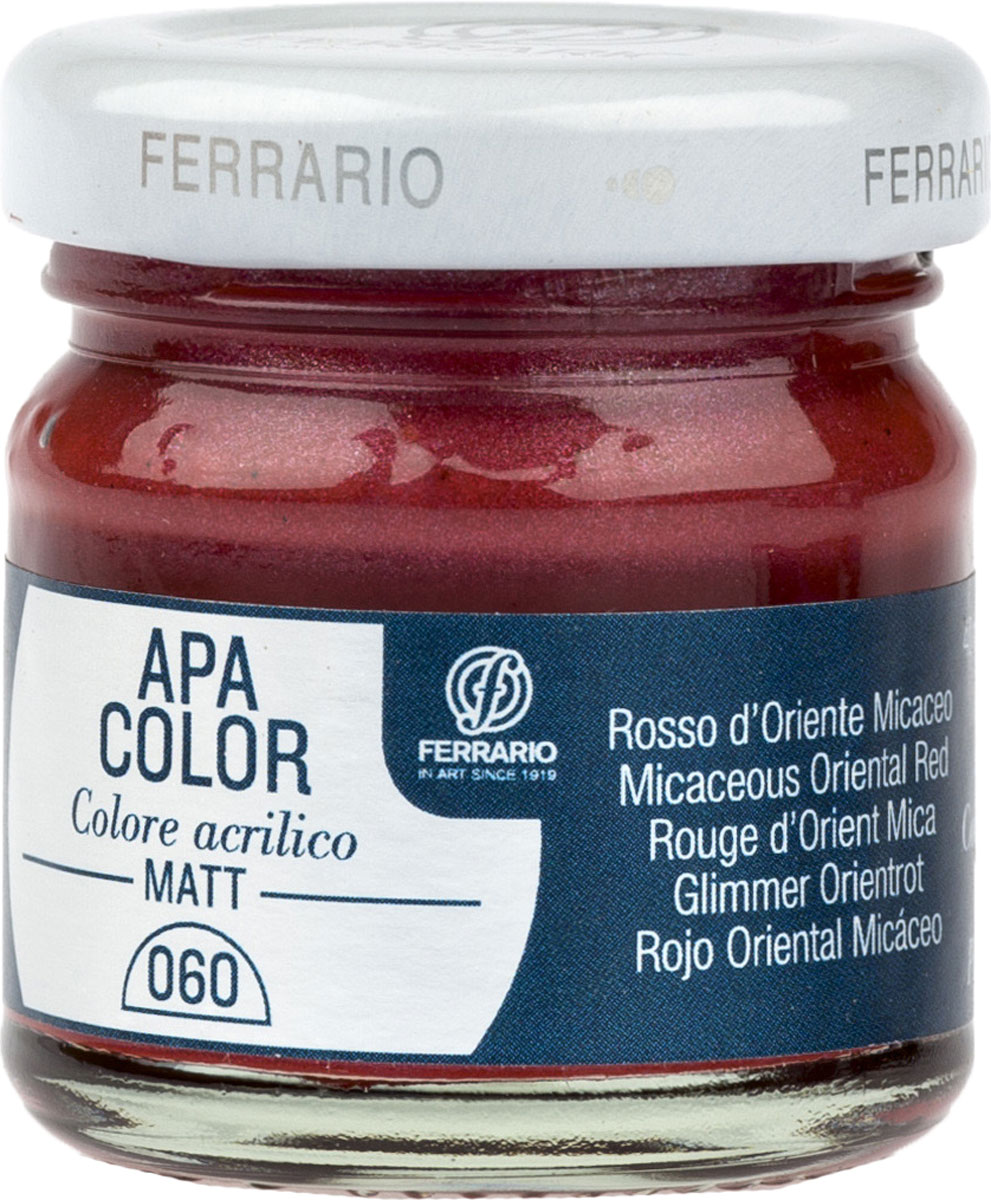Ferrario Краска акриловая Apa Color цвет красный восточный металлик BA0040А0060BA0040А0060 Ferrario Краска акриловая Apa Color цвет красный восточный металлик BA0040А0060BA0040А0060Матовая акриловая краска Apa Color итальянской компании Ferrario на водной основе, готова к использованию. Основные качества акриловой краски Apa Color: прочность, светостойкость и экологичность. Благодаря акриловой смоле Apa Color пластична и не дает трещин. Именно поэтому краска прекрасно ложится на любые поверхности, будь то стекло, дерево или ткань, что особенно хорошо в дизайне и декоре. Она быстро сохнет, после высыхания становится водостойкой. Акриловая краска Apa Color не потускнеет со временем, ее светостойкость не позволит измениться цвету, он не выгорит на солнце и не пожелтеет. Акриловая краска Apa Color – это отличный выбор в пользу яркой живописи, так как в ее палитре только глубокие и насыщенные цвета. Из-за того, что акриловая краска Apa Color на водной основе, она почти совсем не пахнет, малотоксична – подходит для работы в помещениях, можно заниматься творчеством вместе с детьми. Акриловая краска Apa Color разводится водой, однако это не значит, что для нее нельзя использовать специальные растворители и медиумы, предназначенные для акриловых красок – в этом случае сохраняется высокая пигментированность, но объем краски увеличивается и появляется возможность создания различных фактур и эффектов. Акриловую краску Apa Color легко наносить кистью, шпателем, валиком.