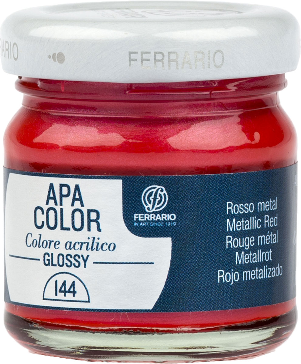 Ferrario Краска акриловая Apa Color цвет красный металликBA0040В0144 Ferrario Краска акриловая Apa Color цвет красный металликBA0040В0144Глянцевая акриловая краска Apa Color итальянской компании Ferrario на водной основе, готова к использованию. Основные качества акриловой краски Apa Color: прочность, светостойкость и экологичность. Благодаря акриловой смоле Apa Color пластична и не дает трещин. Именно поэтому краска прекрасно ложится на любые поверхности, будь то стекло, дерево или ткань, что особенно хорошо в дизайне и декоре. Она быстро сохнет, после высыхания становится водостойкой. Акриловая краска Apa Color не потускнеет со временем, ее светостойкость не позволит измениться цвету, он не выгорит на солнце и не пожелтеет. Акриловая краска Apa Color – это отличный выбор в пользу яркой живописи, так как в ее палитре только глубокие и насыщенные цвета. Из-за того, что акриловая краска Apa Color на водной основе, она почти совсем не пахнет, малотоксична – подходит для работы в помещениях, можно заниматься творчеством вместе с детьми. Акриловая краска Apa Color разводится водой, однако это не значит, что для нее нельзя использовать специальные растворители и медиумы, предназначенные для акриловых красок – в этом случае сохраняется высокая пигментированность, но объем краски увеличивается и появляется возможность создания различных фактур и эффектов. Акриловую краску Apa Color легко наносить кистью, шпателем, валиком.