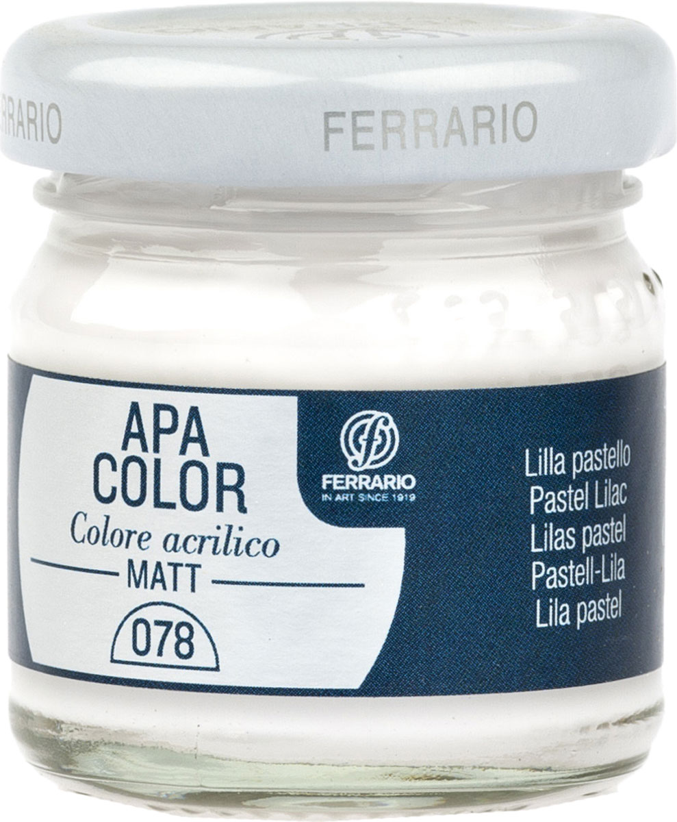 Ferrario Краска акриловая Apa Color цвет лиловый пастельныйBA0040А0078 Ferrario Краска акриловая Apa Color цвет лиловый пастельныйBA0040А0078Матовая акриловая краска Apa Color итальянской компании Ferrario на водной основе, готова к использованию. Основные качества акриловой краски Apa Color: прочность, светостойкость и экологичность. Благодаря акриловой смоле Apa Color пластична и не дает трещин. Именно поэтому краска прекрасно ложится на любые поверхности, будь то стекло, дерево или ткань, что особенно хорошо в дизайне и декоре. Она быстро сохнет, после высыхания становится водостойкой. Акриловая краска Apa Color не потускнеет со временем, ее светостойкость не позволит измениться цвету, он не выгорит на солнце и не пожелтеет. Акриловая краска Apa Color – это отличный выбор в пользу яркой живописи, так как в ее палитре только глубокие и насыщенные цвета. Из-за того, что акриловая краска Apa Color на водной основе, она почти совсем не пахнет, малотоксична – подходит для работы в помещениях, можно заниматься творчеством вместе с детьми. Акриловая краска Apa Color разводится водой, однако это не значит, что для нее нельзя использовать специальные растворители и медиумы, предназначенные для акриловых красок – в этом случае сохраняется высокая пигментированность, но объем краски увеличивается и появляется возможность создания различных фактур и эффектов. Акриловую краску Apa Color легко наносить кистью, шпателем, валиком.
