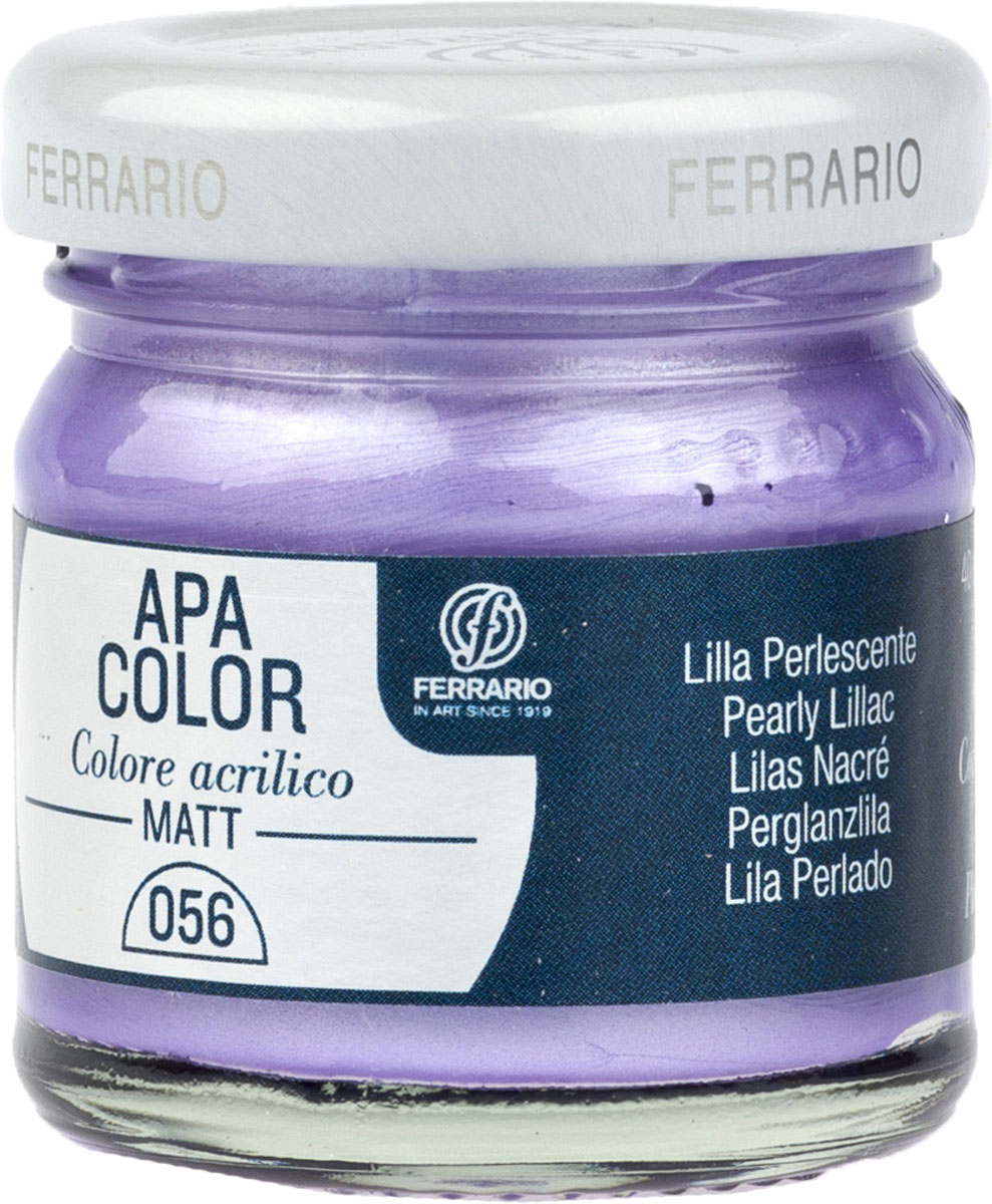 Ferrario Краска акриловая Apa Color цвет лиловый перламутровый 40 мл BA0040А0056BA0040А0056 Ferrario Краска акриловая Apa Color цвет лиловый перламутровый 40 мл BA0040А0056BA0040А0056Матовая акриловая краска Apa Color итальянской компании Ferrario на водной основе, готова к использованию. Основные качества акриловой краски Apa Color: прочность, светостойкость и экологичность. Благодаря акриловой смоле Apa Color пластична и не дает трещин. Именно поэтому краска прекрасно ложится на любые поверхности, будь то стекло, дерево или ткань, что особенно хорошо в дизайне и декоре. Она быстро сохнет, после высыхания становится водостойкой. Акриловая краска Apa Color не потускнеет со временем, ее светостойкость не позволит измениться цвету, он не выгорит на солнце и не пожелтеет. Акриловая краска Apa Color – это отличный выбор в пользу яркой живописи, так как в ее палитре только глубокие и насыщенные цвета. Из-за того, что акриловая краска Apa Color на водной основе, она почти совсем не пахнет, малотоксична – подходит для работы в помещениях, можно заниматься творчеством вместе с детьми. Акриловая краска Apa Color разводится водой, однако это не значит, что для нее нельзя использовать специальные растворители и медиумы, предназначенные для акриловых красок – в этом случае сохраняется высокая пигментированность, но объем краски увеличивается и появляется возможность создания различных фактур и эффектов. Акриловую краску Apa Color легко наносить кистью, шпателем, валиком.