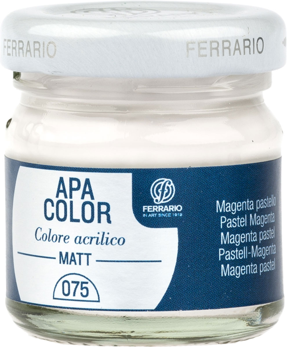 Ferrario Краска акриловая Apa Color цвет маджента пастельная 40 млBA0040А0075 Ferrario Краска акриловая Apa Color цвет маджента пастельная 40 млBA0040А0075Матовая акриловая краска Apa Color итальянской компании Ferrario на водной основе, готова к использованию. Основные качества акриловой краски Apa Color: прочность, светостойкость и экологичность. Благодаря акриловой смоле Apa Color пластична и не дает трещин. Именно поэтому краска прекрасно ложится на любые поверхности, будь то стекло, дерево или ткань, что особенно хорошо в дизайне и декоре. Она быстро сохнет, после высыхания становится водостойкой. Акриловая краска Apa Color не потускнеет со временем, ее светостойкость не позволит измениться цвету, он не выгорит на солнце и не пожелтеет. Акриловая краска Apa Color – это отличный выбор в пользу яркой живописи, так как в ее палитре только глубокие и насыщенные цвета. Из-за того, что акриловая краска Apa Color на водной основе, она почти совсем не пахнет, малотоксична – подходит для работы в помещениях, можно заниматься творчеством вместе с детьми. Акриловая краска Apa Color разводится водой, однако это не значит, что для нее нельзя использовать специальные растворители и медиумы, предназначенные для акриловых красок – в этом случае сохраняется высокая пигментированность, но объем краски увеличивается и появляется возможность создания различных фактур и эффектов. Акриловую краску Apa Color легко наносить кистью, шпателем, валиком.