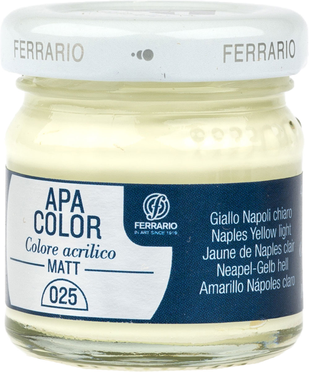 Ferrario Краска акриловая Apa Color цвет неаполитанская желтая светлаяBA0040А0025 Ferrario Краска акриловая Apa Color цвет неаполитанская желтая светлаяBA0040А0025Матовая акриловая краска Apa Color итальянской компании Ferrario на водной основе, готова к использованию. Основные качества акриловой краски Apa Color: прочность, светостойкость и экологичность. Благодаря акриловой смоле Apa Color пластична и не дает трещин. Именно поэтому краска прекрасно ложится на любые поверхности, будь то стекло, дерево или ткань, что особенно хорошо в дизайне и декоре. Она быстро сохнет, после высыхания становится водостойкой. Акриловая краска Apa Color не потускнеет со временем, ее светостойкость не позволит измениться цвету, он не выгорит на солнце и не пожелтеет. Акриловая краска Apa Color – это отличный выбор в пользу яркой живописи, так как в ее палитре только глубокие и насыщенные цвета. Из-за того, что акриловая краска Apa Color на водной основе, она почти совсем не пахнет, малотоксична – подходит для работы в помещениях, можно заниматься творчеством вместе с детьми. Акриловая краска Apa Color разводится водой, однако это не значит, что для нее нельзя использовать специальные растворители и медиумы, предназначенные для акриловых красок – в этом случае сохраняется высокая пигментированность, но объем краски увеличивается и появляется возможность создания различных фактур и эффектов. Акриловую краску Apa Color легко наносить кистью, шпателем, валиком.