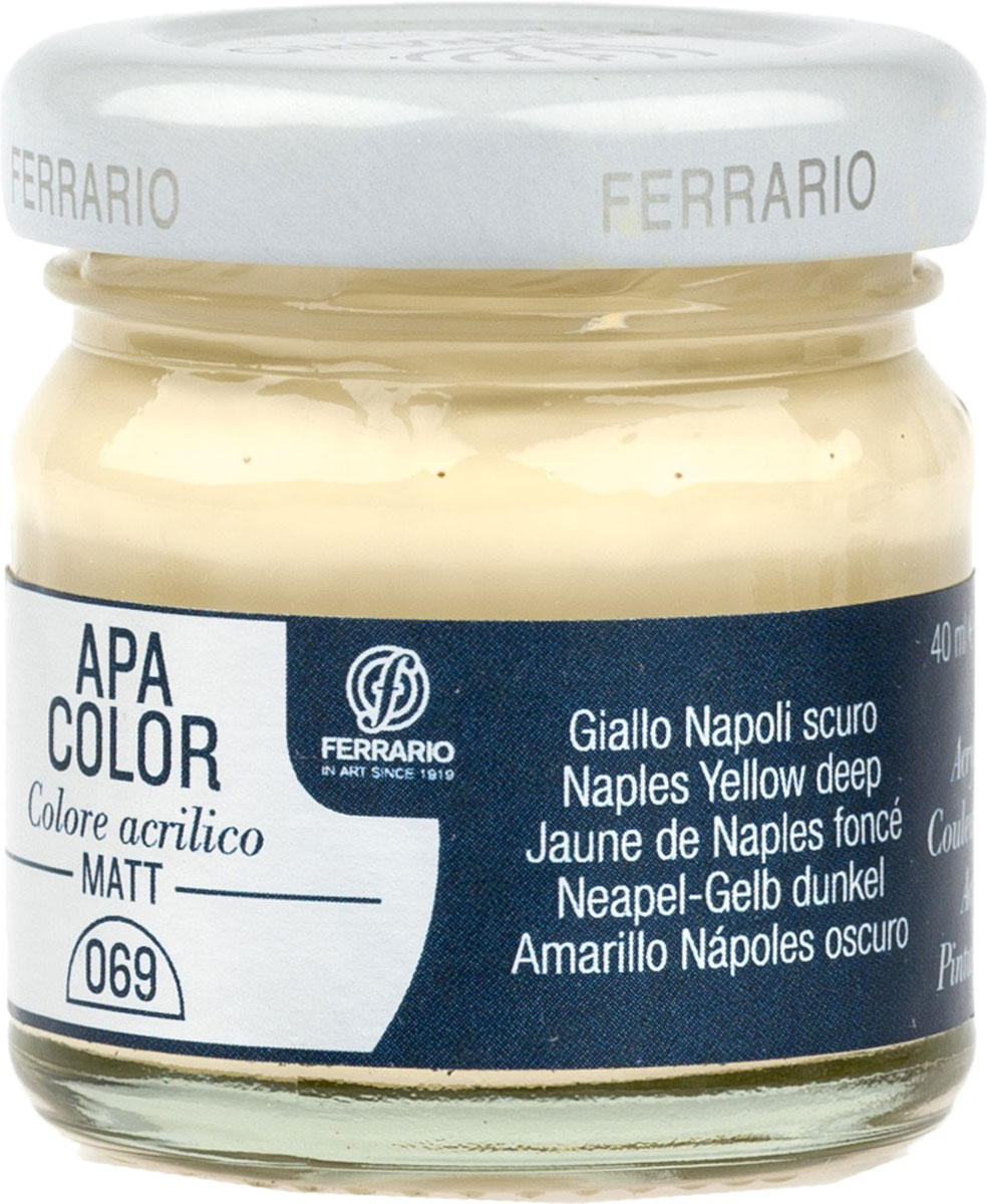 Ferrario Краска акриловая Apa Color цвет неаполитанская желтая темная 40 мл BA0040А0069BA0040А0069 Ferrario Краска акриловая Apa Color цвет неаполитанская желтая темная 40 мл BA0040А0069BA0040А0069Матовая акриловая краска Apa Color итальянской компании Ferrario на водной основе, готова к использованию. Основные качества акриловой краски Apa Color: прочность, светостойкость и экологичность. Благодаря акриловой смоле Apa Color пластична и не дает трещин. Именно поэтому краска прекрасно ложится на любые поверхности, будь то стекло, дерево или ткань, что особенно хорошо в дизайне и декоре. Она быстро сохнет, после высыхания становится водостойкой. Акриловая краска Apa Color не потускнеет со временем, ее светостойкость не позволит измениться цвету, он не выгорит на солнце и не пожелтеет. Акриловая краска Apa Color – это отличный выбор в пользу яркой живописи, так как в ее палитре только глубокие и насыщенные цвета. Из-за того, что акриловая краска Apa Color на водной основе, она почти совсем не пахнет, малотоксична – подходит для работы в помещениях, можно заниматься творчеством вместе с детьми. Акриловая краска Apa Color разводится водой, однако это не значит, что для нее нельзя использовать специальные растворители и медиумы, предназначенные для акриловых красок – в этом случае сохраняется высокая пигментированность, но объем краски увеличивается и появляется возможность создания различных фактур и эффектов. Акриловую краску Apa Color легко наносить кистью, шпателем, валиком.