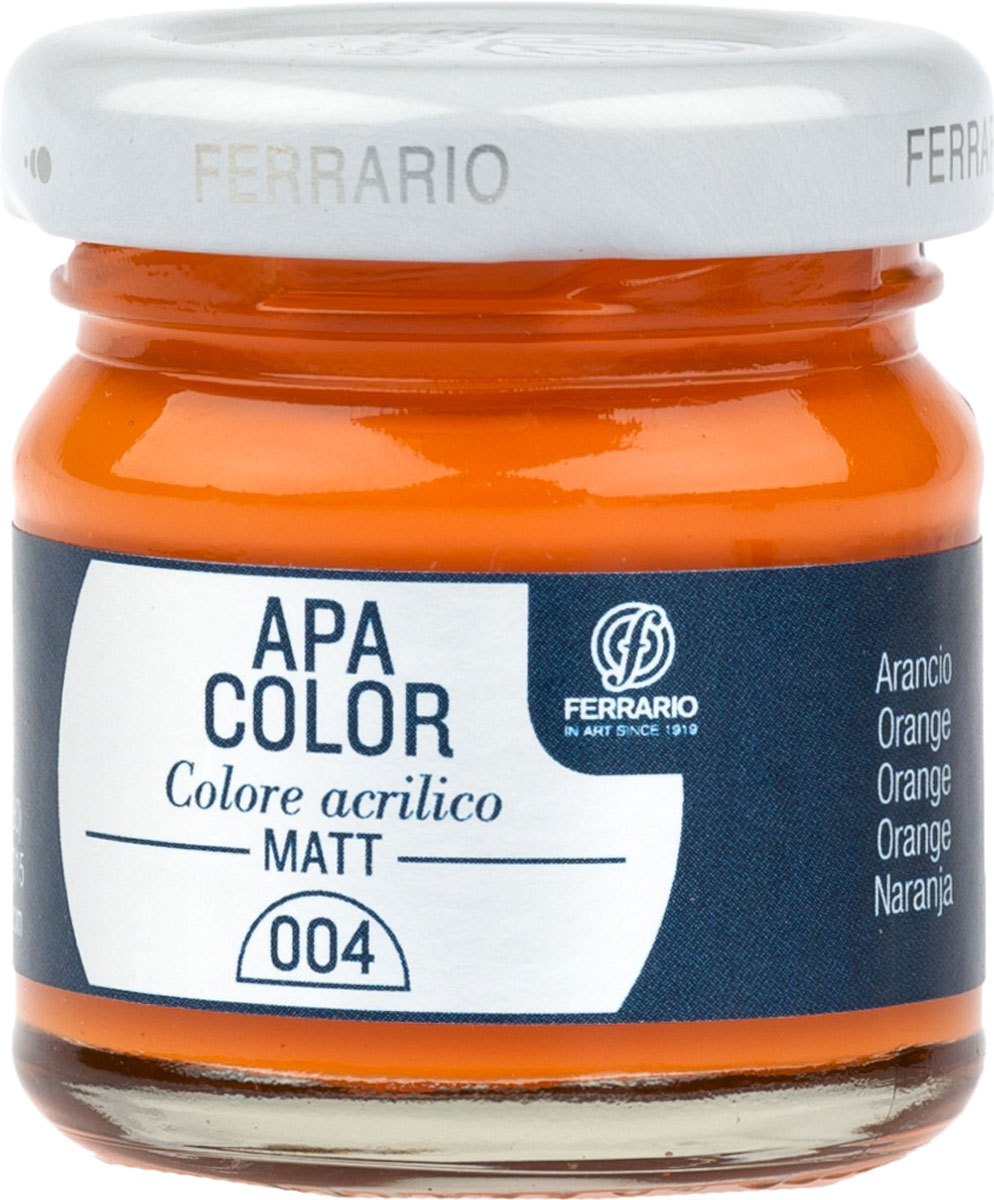 Ferrario Краска акриловая Apa Color цвет оранжевый BA0040А0004BA0040А0004 Ferrario Краска акриловая Apa Color цвет оранжевый BA0040А0004BA0040А0004Матовая акриловая краска Apa Color итальянской компании Ferrario на водной основе, готова к использованию. Основные качества акриловой краски Apa Color: прочность, светостойкость и экологичность. Благодаря акриловой смоле Apa Color пластична и не дает трещин. Именно поэтому краска прекрасно ложится на любые поверхности, будь то стекло, дерево или ткань, что особенно хорошо в дизайне и декоре. Она быстро сохнет, после высыхания становится водостойкой. Акриловая краска Apa Color не потускнеет со временем, ее светостойкость не позволит измениться цвету, он не выгорит на солнце и не пожелтеет. Акриловая краска Apa Color – это отличный выбор в пользу яркой живописи, так как в ее палитре только глубокие и насыщенные цвета. Из-за того, что акриловая краска Apa Color на водной основе, она почти совсем не пахнет, малотоксична – подходит для работы в помещениях, можно заниматься творчеством вместе с детьми. Акриловая краска Apa Color разводится водой, однако это не значит, что для нее нельзя использовать специальные растворители и медиумы, предназначенные для акриловых красок – в этом случае сохраняется высокая пигментированность, но объем краски увеличивается и появляется возможность создания различных фактур и эффектов. Акриловую краску Apa Color легко наносить кистью, шпателем, валиком.