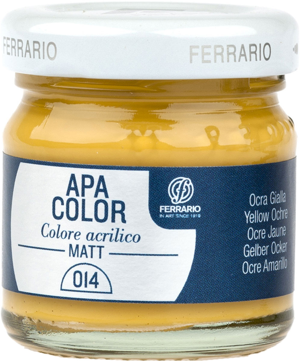 Ferrario Краска акриловая Apa Color цвет охра желтая BA0040А0014BA0040А0014 Ferrario Краска акриловая Apa Color цвет охра желтая BA0040А0014BA0040А0014Матовая акриловая краска Apa Color итальянской компании Ferrario на водной основе, готова к использованию. Основные качества акриловой краски Apa Color: прочность, светостойкость и экологичность. Благодаря акриловой смоле Apa Color пластична и не дает трещин. Именно поэтому краска прекрасно ложится на любые поверхности, будь то стекло, дерево или ткань, что особенно хорошо в дизайне и декоре. Она быстро сохнет, после высыхания становится водостойкой. Акриловая краска Apa Color не потускнеет со временем, ее светостойкость не позволит измениться цвету, он не выгорит на солнце и не пожелтеет. Акриловая краска Apa Color – это отличный выбор в пользу яркой живописи, так как в ее палитре только глубокие и насыщенные цвета. Из-за того, что акриловая краска Apa Color на водной основе, она почти совсем не пахнет, малотоксична – подходит для работы в помещениях, можно заниматься творчеством вместе с детьми. Акриловая краска Apa Color разводится водой, однако это не значит, что для нее нельзя использовать специальные растворители и медиумы, предназначенные для акриловых красок – в этом случае сохраняется высокая пигментированность, но объем краски увеличивается и появляется возможность создания различных фактур и эффектов. Акриловую краску Apa Color легко наносить кистью, шпателем, валиком.