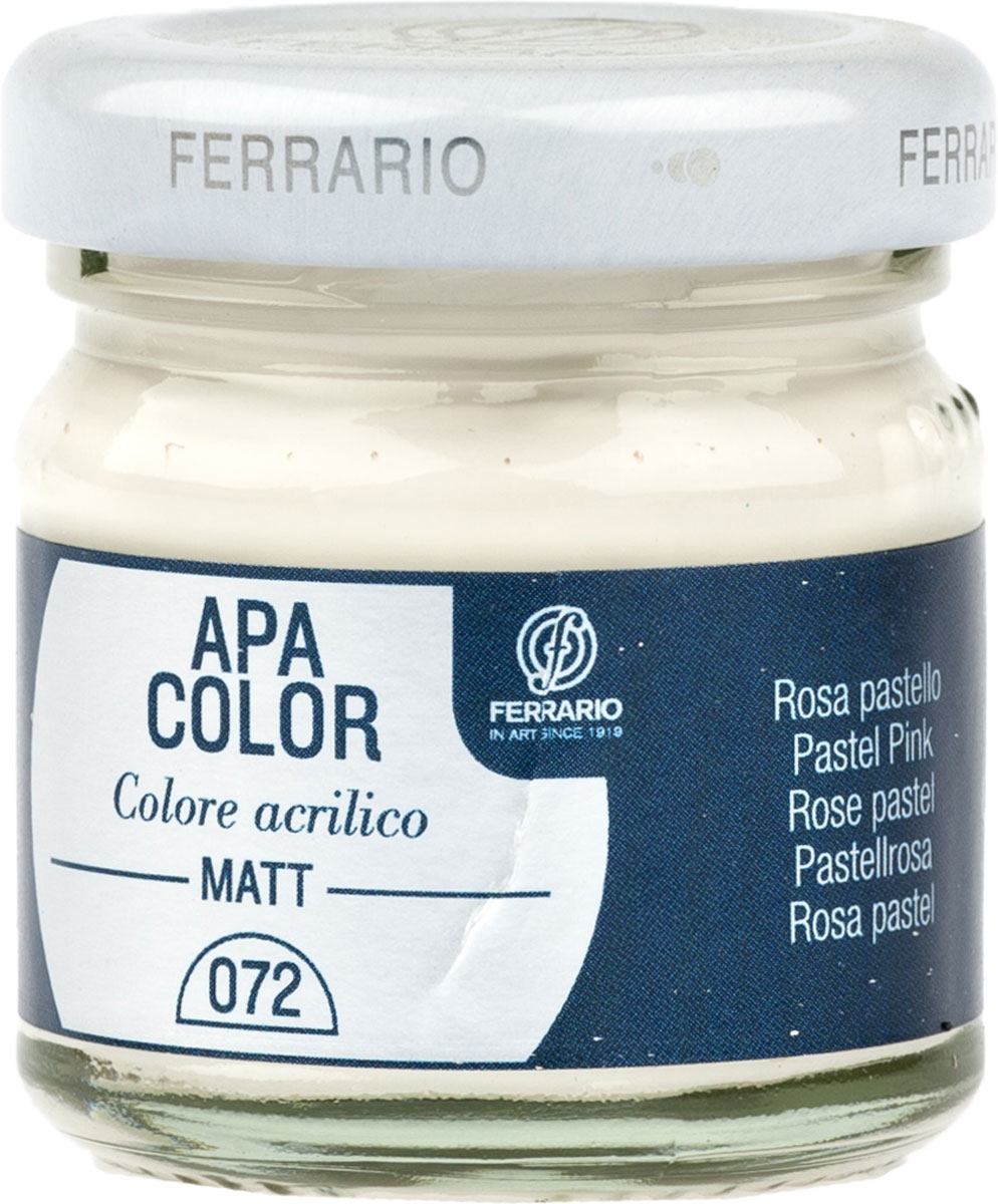 Ferrario Краска акриловая Apa Color цвет розовый пастельныйBA0040А0072 Ferrario Краска акриловая Apa Color цвет розовый пастельныйBA0040А0072Матовая акриловая краска Apa Color итальянской компании Ferrario на водной основе, готова к использованию. Основные качества акриловой краски Apa Color: прочность, светостойкость и экологичность. Благодаря акриловой смоле Apa Color пластична и не дает трещин. Именно поэтому краска прекрасно ложится на любые поверхности, будь то стекло, дерево или ткань, что особенно хорошо в дизайне и декоре. Она быстро сохнет, после высыхания становится водостойкой. Акриловая краска Apa Color не потускнеет со временем, ее светостойкость не позволит измениться цвету, он не выгорит на солнце и не пожелтеет. Акриловая краска Apa Color – это отличный выбор в пользу яркой живописи, так как в ее палитре только глубокие и насыщенные цвета. Из-за того, что акриловая краска Apa Color на водной основе, она почти совсем не пахнет, малотоксична – подходит для работы в помещениях, можно заниматься творчеством вместе с детьми. Акриловая краска Apa Color разводится водой, однако это не значит, что для нее нельзя использовать специальные растворители и медиумы, предназначенные для акриловых красок – в этом случае сохраняется высокая пигментированность, но объем краски увеличивается и появляется возможность создания различных фактур и эффектов. Акриловую краску Apa Color легко наносить кистью, шпателем, валиком.