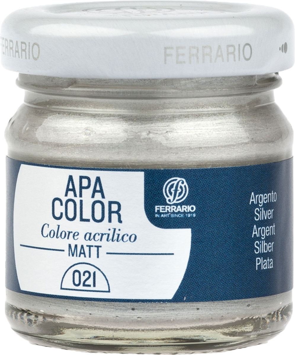 Ferrario Краска акриловая Apa Color цвет серебро BA0040А0021BA0040А0021 Ferrario Краска акриловая Apa Color цвет серебро BA0040А0021BA0040А0021Матовая акриловая краска Apa Color итальянской компании Ferrario на водной основе, готова к использованию. Основные качества акриловой краски Apa Color: прочность, светостойкость и экологичность. Благодаря акриловой смоле Apa Color пластична и не дает трещин. Именно поэтому краска прекрасно ложится на любые поверхности, будь то стекло, дерево или ткань, что особенно хорошо в дизайне и декоре. Она быстро сохнет, после высыхания становится водостойкой. Акриловая краска Apa Color не потускнеет со временем, ее светостойкость не позволит измениться цвету, он не выгорит на солнце и не пожелтеет. Акриловая краска Apa Color – это отличный выбор в пользу яркой живописи, так как в ее палитре только глубокие и насыщенные цвета. Из-за того, что акриловая краска Apa Color на водной основе, она почти совсем не пахнет, малотоксична – подходит для работы в помещениях, можно заниматься творчеством вместе с детьми. Акриловая краска Apa Color разводится водой, однако это не значит, что для нее нельзя использовать специальные растворители и медиумы, предназначенные для акриловых красок – в этом случае сохраняется высокая пигментированность, но объем краски увеличивается и появляется возможность создания различных фактур и эффектов. Акриловую краску Apa Color легко наносить кистью, шпателем, валиком.