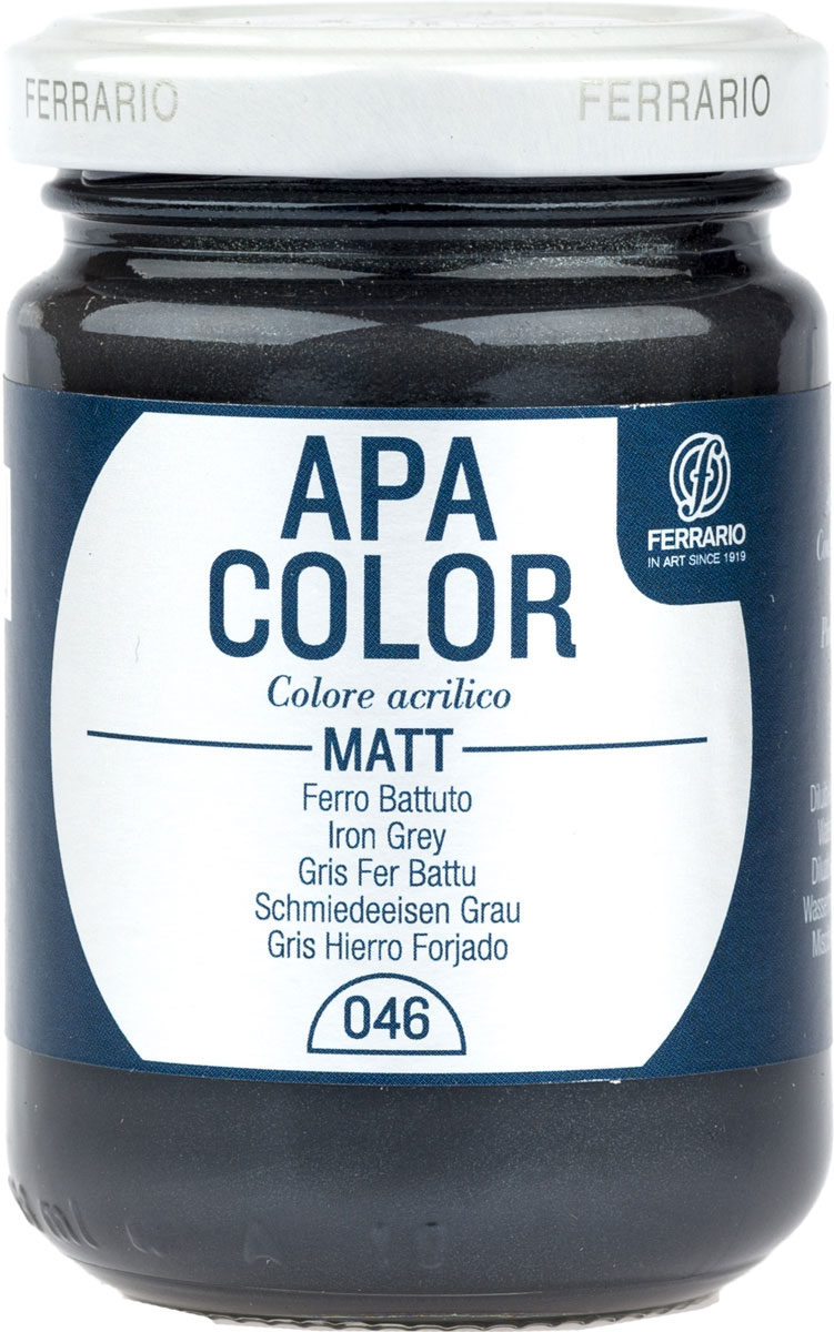 Ferrario Краска акриловая Apa Color цвет серое вареное железоBA0095AO046 Ferrario Краска акриловая Apa Color цвет серое вареное железоBA0095AO046Матовая акриловая краска Apa Color итальянской компании Ferrario на водной основе, готова к использованию. Основные качества акриловой краски Apa Color: прочность, светостойкость и экологичность. Благодаря акриловой смоле Apa Color пластична и не дает трещин. Именно поэтому краска прекрасно ложится на любые поверхности, будь то стекло, дерево или ткань, что особенно хорошо в дизайне и декоре. Она быстро сохнет, после высыхания становится водостойкой. Акриловая краска Apa Color не потускнеет со временем, ее светостойкость не позволит измениться цвету, он не выгорит на солнце и не пожелтеет. Акриловая краска Apa Color – это отличный выбор в пользу яркой живописи, так как в ее палитре только глубокие и насыщенные цвета. Из-за того, что акриловая краска Apa Color на водной основе, она почти совсем не пахнет, малотоксична – подходит для работы в помещениях, можно заниматься творчеством вместе с детьми. Акриловая краска Apa Color разводится водой, однако это не значит, что для нее нельзя использовать специальные растворители и медиумы, предназначенные для акриловых красок – в этом случае сохраняется высокая пигментированность, но объем краски увеличивается и появляется возможность создания различных фактур и эффектов. Акриловую краску Apa Color легко наносить кистью, шпателем, валиком.