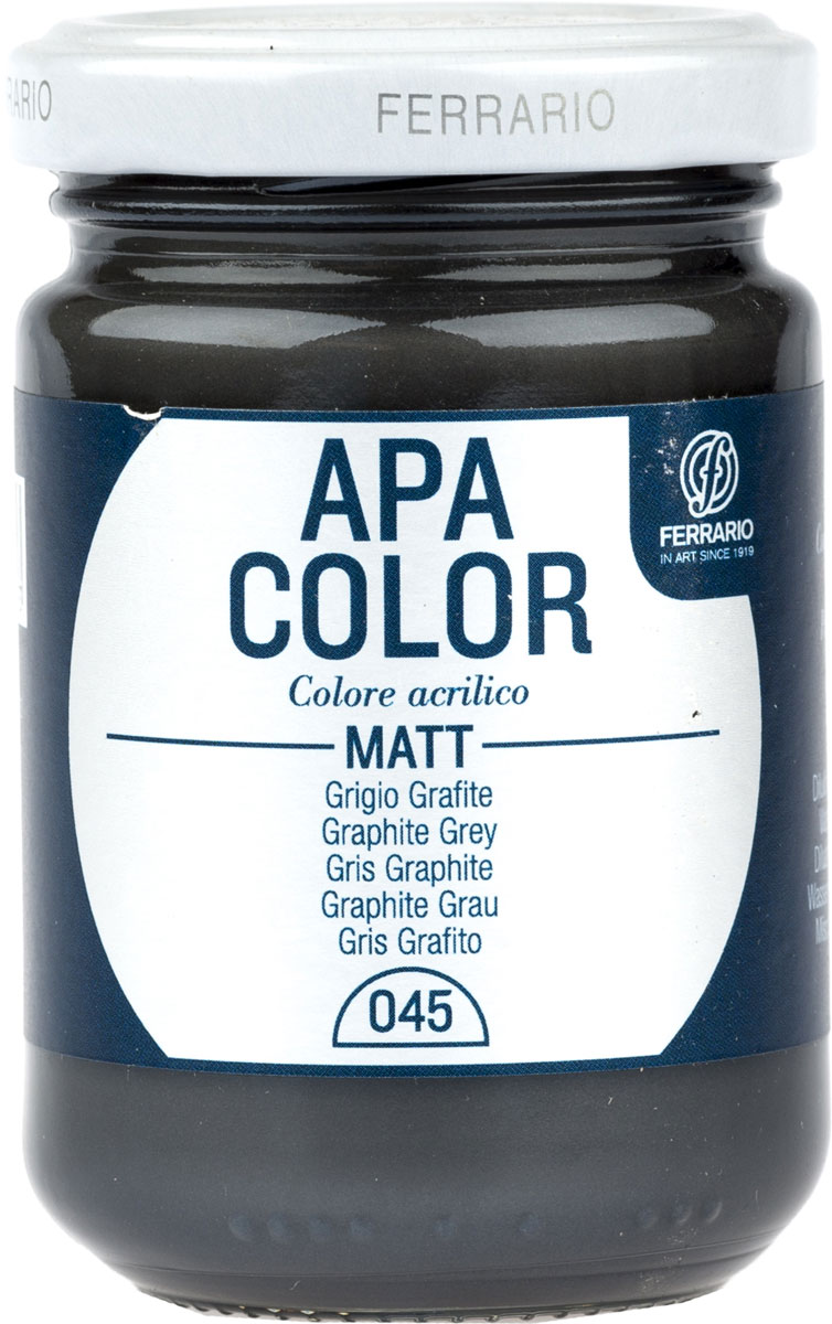 Ferrario Краска акриловая Apa Color цвет серый графит BA0095AO045BA0095AO045 Ferrario Краска акриловая Apa Color цвет серый графит BA0095AO045BA0095AO045Матовая акриловая краска Apa Color итальянской компании Ferrario на водной основе, готова к использованию. Основные качества акриловой краски Apa Color: прочность, светостойкость и экологичность. Благодаря акриловой смоле Apa Color пластична и не дает трещин. Именно поэтому краска прекрасно ложится на любые поверхности, будь то стекло, дерево или ткань, что особенно хорошо в дизайне и декоре. Она быстро сохнет, после высыхания становится водостойкой. Акриловая краска Apa Color не потускнеет со временем, ее светостойкость не позволит измениться цвету, он не выгорит на солнце и не пожелтеет. Акриловая краска Apa Color – это отличный выбор в пользу яркой живописи, так как в ее палитре только глубокие и насыщенные цвета. Из-за того, что акриловая краска Apa Color на водной основе, она почти совсем не пахнет, малотоксична – подходит для работы в помещениях, можно заниматься творчеством вместе с детьми. Акриловая краска Apa Color разводится водой, однако это не значит, что для нее нельзя использовать специальные растворители и медиумы, предназначенные для акриловых красок – в этом случае сохраняется высокая пигментированность, но объем краски увеличивается и появляется возможность создания различных фактур и эффектов. Акриловую краску Apa Color легко наносить кистью, шпателем, валиком.