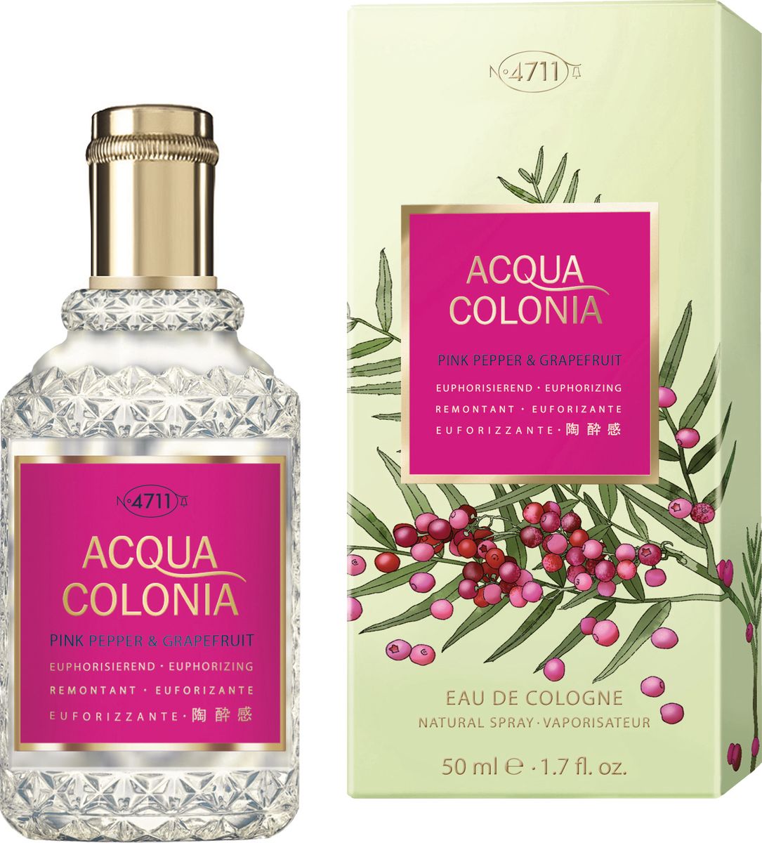 4711 Acqua Colonia Euphorizing Pink Pepper & Grapefruit Одеколон, 50 мл4011700744121 4711 Acqua Colonia Euphorizing Pink Pepper & Grapefruit Одеколон, 50 мл40117007441214711 Acqua Colonia Pink Pepper & Grapefruit – неповторимый, сочный и яркий, свежий парфюм, созданный для мужчин и женщин. Относится к семейству фужерных пряных ароматов. Парфюм был выпущен в свет немецким парфюмерным домом Maurer & Wirtz в 2013 году. Автором и создателем композиции аромата 4711 Acqua Colonia Pink Pepper & Grapefruit выступает парфюмер Cecile Hua. Невероятно свежий и бодрящий парфюм, поднимающий настроение. Композиция аромата Maurer & Wirtz 4711 Acqua Colonia Pink Pepper & Grapefruit неординарна, сложна и довольно многогранна, представлена множеством аккордов, одними из которых являются ноты розового грейпфрута и розового перца.