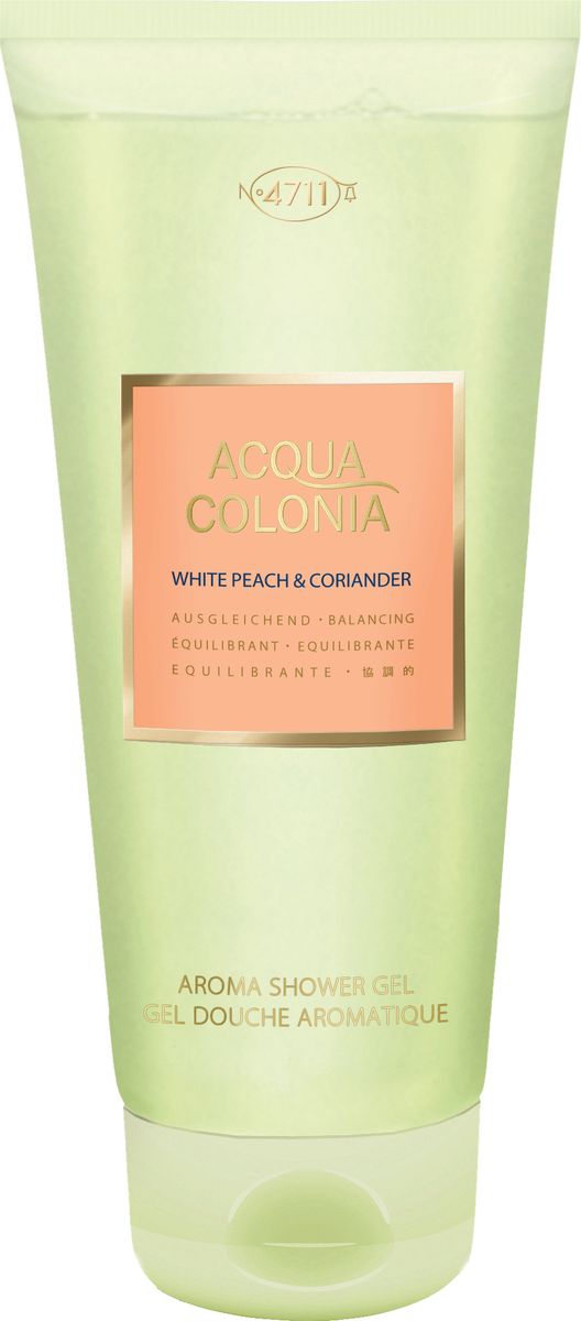 4711 Acqua Colonia Balancing White Peach & Coriander Гель для душа, 200 мл4011700745401 4711 Acqua Colonia Balancing White Peach & Coriander Гель для душа, 200 мл40117007454014711 Acqua Colonia White Peach & Coriander – легкий и жизнерадостный фужерно-фруктовый гель для душа с тонкими ароматическими акцентами. Гель для душа предлагает прикоснуться к ярким, волнующим ароматам солнечного лета, сочетая в себе запахи спелых фруктов, цитрусов, волнующую свежесть зелени и запахи пряных трав. Ароматическая композиция объединила игристую прохладу солнечных цитрусов и бархатисто-медовый запах белого персика, тонущих в ароматах сочной зелени, пряных трав и пряно-специевых акцентах кориандра. Легкая и просто очаровательная ароматическая композиция неизменно поднимет настроение своему владельцу и окружающим его людям, напомнив о солнечном лете, спелых фруктах и ароматах пряных трав.