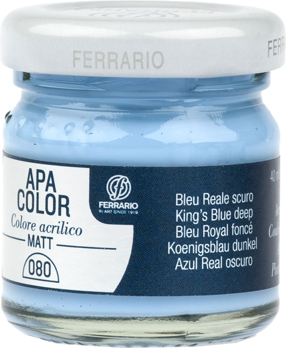 Ferrario Краска акриловая Apa Color цвет синий темный BA0040А0080BA0040А0080 Ferrario Краска акриловая Apa Color цвет синий темный BA0040А0080BA0040А0080Матовая акриловая краска Apa Color итальянской компании Ferrario на водной основе, готова к использованию. Основные качества акриловой краски Apa Color: прочность, светостойкость и экологичность. Благодаря акриловой смоле Apa Color пластична и не дает трещин. Именно поэтому краска прекрасно ложится на любые поверхности, будь то стекло, дерево или ткань, что особенно хорошо в дизайне и декоре. Она быстро сохнет, после высыхания становится водостойкой. Акриловая краска Apa Color не потускнеет со временем, ее светостойкость не позволит измениться цвету, он не выгорит на солнце и не пожелтеет. Акриловая краска Apa Color – это отличный выбор в пользу яркой живописи, так как в ее палитре только глубокие и насыщенные цвета. Из-за того, что акриловая краска Apa Color на водной основе, она почти совсем не пахнет, малотоксична – подходит для работы в помещениях, можно заниматься творчеством вместе с детьми. Акриловая краска Apa Color разводится водой, однако это не значит, что для нее нельзя использовать специальные растворители и медиумы, предназначенные для акриловых красок – в этом случае сохраняется высокая пигментированность, но объем краски увеличивается и появляется возможность создания различных фактур и эффектов. Акриловую краску Apa Color легко наносить кистью, шпателем, валиком.