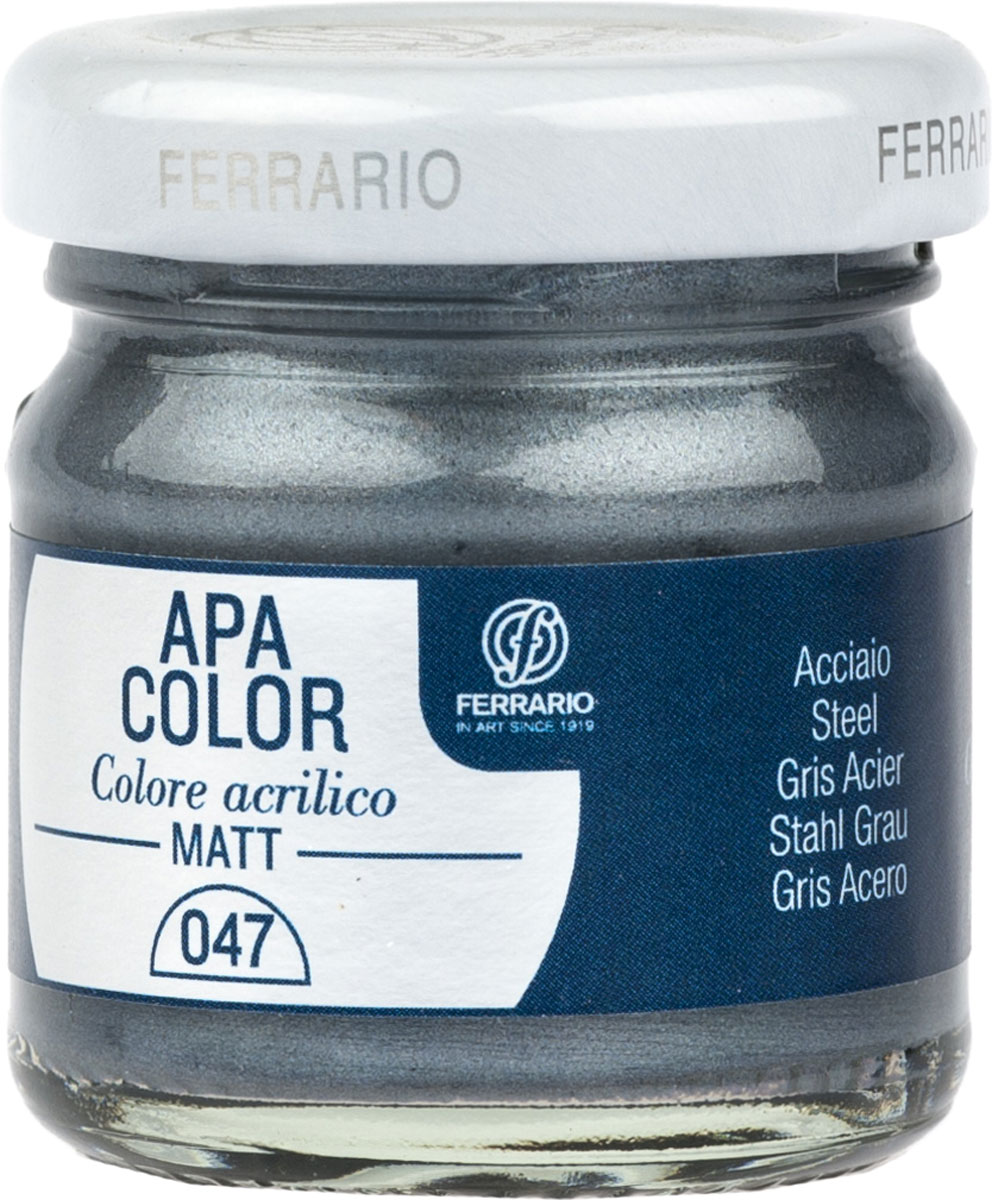 Ferrario Краска акриловая Apa Color цвет сталь BA0040А0047BA0040А0047 Ferrario Краска акриловая Apa Color цвет сталь BA0040А0047BA0040А0047Матовая акриловая краска Apa Color итальянской компании Ferrario на водной основе, готова к использованию. Основные качества акриловой краски Apa Color: прочность, светостойкость и экологичность. Благодаря акриловой смоле Apa Color пластична и не дает трещин. Именно поэтому краска прекрасно ложится на любые поверхности, будь то стекло, дерево или ткань, что особенно хорошо в дизайне и декоре. Она быстро сохнет, после высыхания становится водостойкой. Акриловая краска Apa Color не потускнеет со временем, ее светостойкость не позволит измениться цвету, он не выгорит на солнце и не пожелтеет. Акриловая краска Apa Color – это отличный выбор в пользу яркой живописи, так как в ее палитре только глубокие и насыщенные цвета. Из-за того, что акриловая краска Apa Color на водной основе, она почти совсем не пахнет, малотоксична – подходит для работы в помещениях, можно заниматься творчеством вместе с детьми. Акриловая краска Apa Color разводится водой, однако это не значит, что для нее нельзя использовать специальные растворители и медиумы, предназначенные для акриловых красок – в этом случае сохраняется высокая пигментированность, но объем краски увеличивается и появляется возможность создания различных фактур и эффектов. Акриловую краску Apa Color легко наносить кистью, шпателем, валиком.