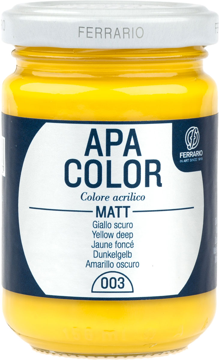 Ferrario Краска акриловая Apa Color цвет темно-желтыйBA0095AO003 Ferrario Краска акриловая Apa Color цвет темно-желтыйBA0095AO003Матовая акриловая краска Apa Color итальянской компании Ferrario на водной основе, готова к использованию. Основные качества акриловой краски Apa Color: прочность, светостойкость и экологичность. Благодаря акриловой смоле Apa Color пластична и не дает трещин. Именно поэтому краска прекрасно ложится на любые поверхности, будь то стекло, дерево или ткань, что особенно хорошо в дизайне и декоре. Она быстро сохнет, после высыхания становится водостойкой. Акриловая краска Apa Color не потускнеет со временем, ее светостойкость не позволит измениться цвету, он не выгорит на солнце и не пожелтеет. Акриловая краска Apa Color – это отличный выбор в пользу яркой живописи, так как в ее палитре только глубокие и насыщенные цвета. Из-за того, что акриловая краска Apa Color на водной основе, она почти совсем не пахнет, малотоксична – подходит для работы в помещениях, можно заниматься творчеством вместе с детьми. Акриловая краска Apa Color разводится водой, однако это не значит, что для нее нельзя использовать специальные растворители и медиумы, предназначенные для акриловых красок – в этом случае сохраняется высокая пигментированность, но объем краски увеличивается и появляется возможность создания различных фактур и эффектов. Акриловую краску Apa Color легко наносить кистью, шпателем, валиком.