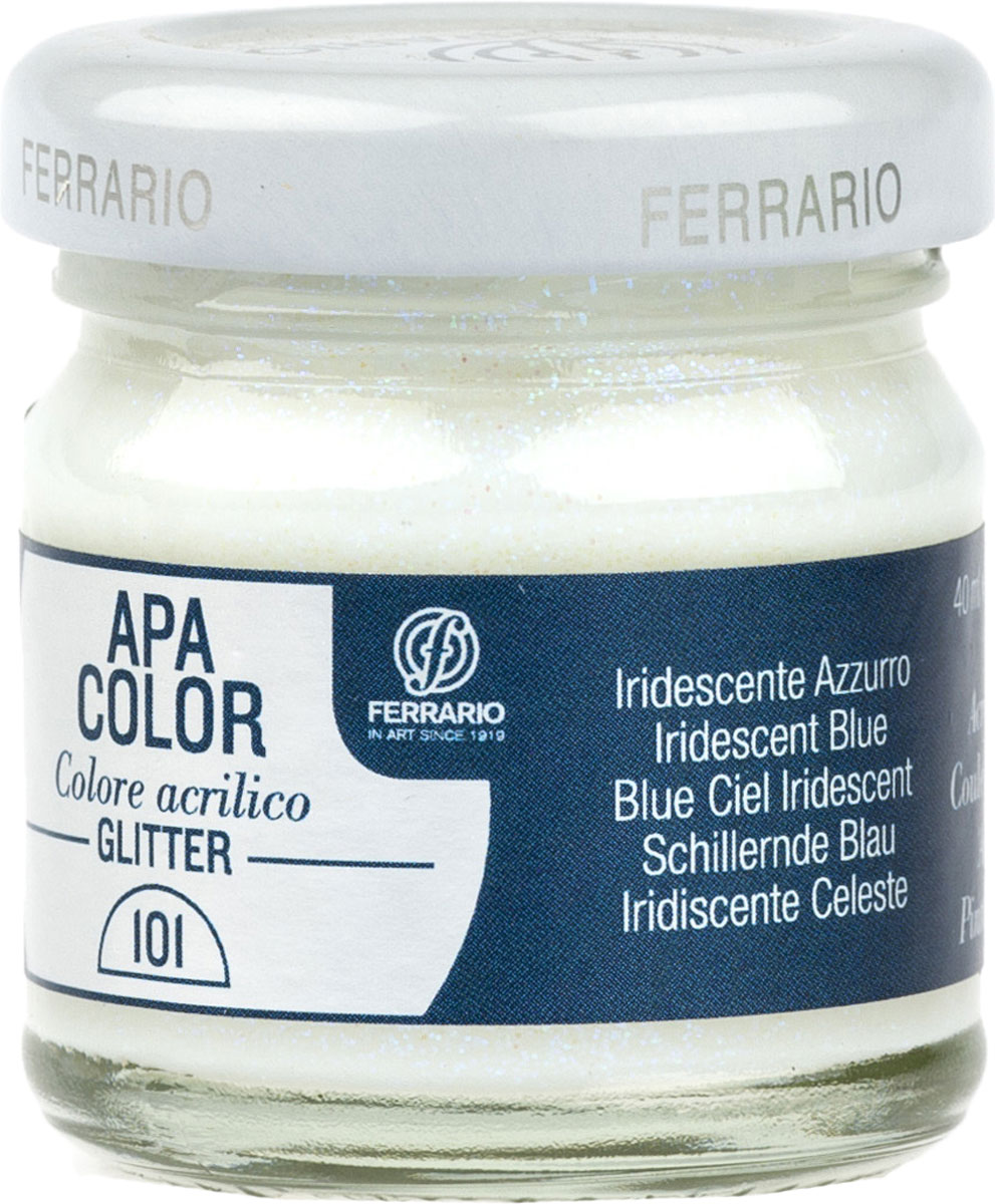 Ferrario Краска акриловая Apa Color цвет хамелеон голубой с глиттерамиBA0040В0101 Ferrario Краска акриловая Apa Color цвет хамелеон голубой с глиттерамиBA0040В0101Акриловая краска Apa Color с глиттерами итальянской компании Ferrario на водной основе, готова к использованию. Основные качества акриловой краски Apa Color: прочность, светостойкость и экологичность. Благодаря акриловой смоле Apa Color пластична и не дает трещин. Именно поэтому краска прекрасно ложится на любые поверхности, будь то стекло, дерево или ткань, что особенно хорошо в дизайне и декоре. Она быстро сохнет, после высыхания становится водостойкой. Акриловая краска Apa Color не потускнеет со временем, ее светостойкость не позволит измениться цвету, он не выгорит на солнце и не пожелтеет. Акриловая краска Apa Color – это отличный выбор в пользу яркой живописи, так как в ее палитре только глубокие и насыщенные цвета. Из-за того, что акриловая краска Apa Color на водной основе, она почти совсем не пахнет, малотоксична – подходит для работы в помещениях, можно заниматься творчеством вместе с детьми. Акриловая краска Apa Color разводится водой, однако это не значит, что для нее нельзя использовать специальные растворители и медиумы, предназначенные для акриловых красок – в этом случае сохраняется высокая пигментированность, но объем краски увеличивается и появляется возможность создания различных фактур и эффектов. Акриловую краску Apa Color легко наносить кистью, шпателем, валиком.