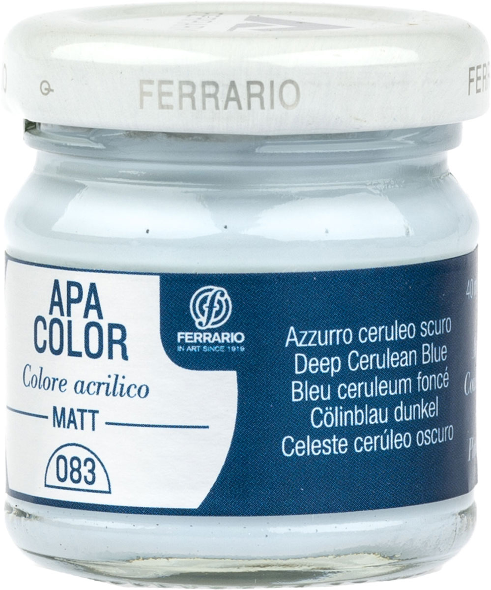 Ferrario Краска акриловая Apa Color цвет цирулеум темныйBA0040А0083 Ferrario Краска акриловая Apa Color цвет цирулеум темныйBA0040А0083Матовая акриловая краска Apa Color итальянской компании Ferrario на водной основе, готова к использованию. Основные качества акриловой краски Apa Color: прочность, светостойкость и экологичность. Благодаря акриловой смоле Apa Color пластична и не дает трещин. Именно поэтому краска прекрасно ложится на любые поверхности, будь то стекло, дерево или ткань, что особенно хорошо в дизайне и декоре. Она быстро сохнет, после высыхания становится водостойкой. Акриловая краска Apa Color не потускнеет со временем, ее светостойкость не позволит измениться цвету, он не выгорит на солнце и не пожелтеет. Акриловая краска Apa Color – это отличный выбор в пользу яркой живописи, так как в ее палитре только глубокие и насыщенные цвета. Из-за того, что акриловая краска Apa Color на водной основе, она почти совсем не пахнет, малотоксична – подходит для работы в помещениях, можно заниматься творчеством вместе с детьми. Акриловая краска Apa Color разводится водой, однако это не значит, что для нее нельзя использовать специальные растворители и медиумы, предназначенные для акриловых красок – в этом случае сохраняется высокая пигментированность, но объем краски увеличивается и появляется возможность создания различных фактур и эффектов. Акриловую краску Apa Color легко наносить кистью, шпателем, валиком.
