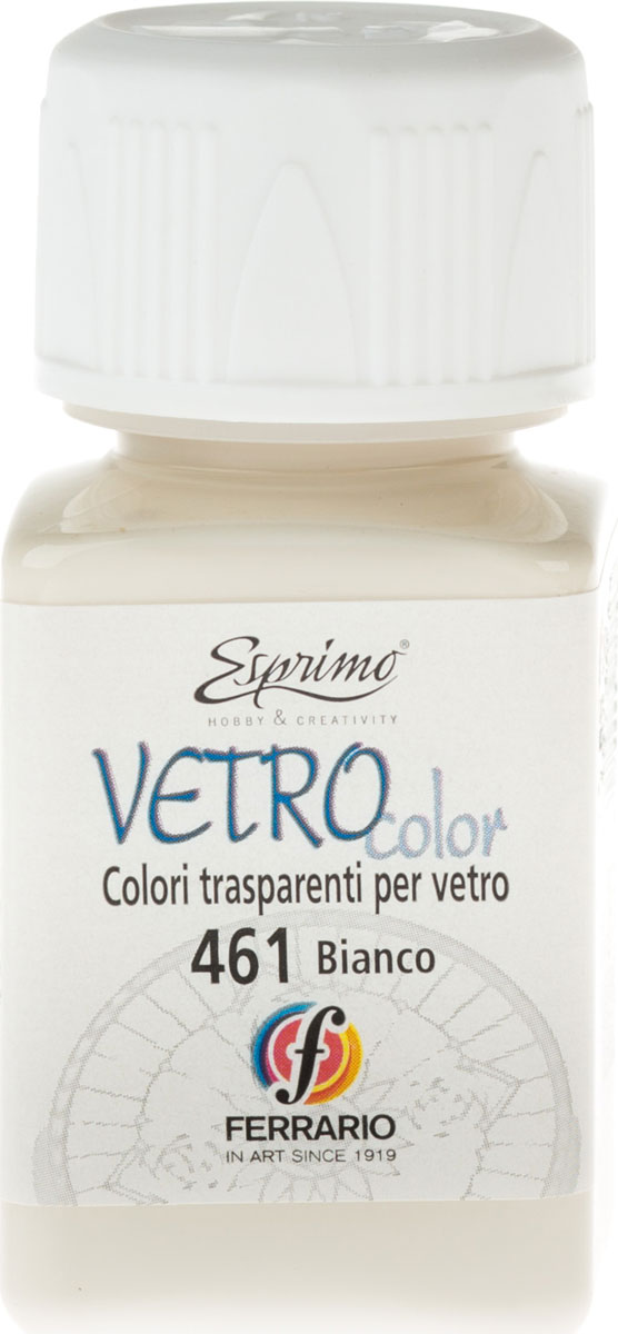 Ferrario Краска витражная Vetro Color цвет №461 белыйCV1440AO461 Ferrario Краска витражная Vetro Color цвет №461 белыйCV1440AO461Краска по стеклу на основе синтетических смол серии VETRO COLOR итальянской компании Ferrario. Применяется для росписи и декорирования различных материалов: стекло, керамика, фарфор, пластик. Идеально подходит для имитации витражей. Интенсивные и яркие цвета обогащены ультрафиолетовым фильтром для защиты от выцветания. Благодаря жидкой консистенции краски VETRO COLOR равномерно ложатся на стеклянную поверхность. Время высыхания зависит от толщины нанесенного слоя краски и условий окружающей среды. В серии представлен бесцветный лак INCOLVETRO, который защищает высохшие краски и придает им эффект лакировки. После высыхания декорируемый предмет можно мыть. Краски VETRO COLOR представлены палитрой из 24 цветов, включая металлические оттенки.Дополнительные характеристики:–Цвет: белый;