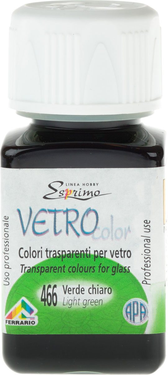 Ferrario Краска витражная Vetro Color цвет №466 зеленый светлыйCV1440AO466 Ferrario Краска витражная Vetro Color цвет №466 зеленый светлыйCV1440AO466Краска по стеклу на основе синтетических смол серии VETRO COLOR итальянской компании Ferrario. Применяется для росписи и декорирования различных материалов: стекло, керамика, фарфор, пластик. Идеально подходит для имитации витражей. Интенсивные и яркие цвета обогащены ультрафиолетовым фильтром для защиты от выцветания. Благодаря жидкой консистенции краски VETRO COLOR равномерно ложатся на стеклянную поверхность. Время высыхания зависит от толщины нанесенного слоя краски и условий окружающей среды. В серии представлен бесцветный лак INCOLVETRO, который защищает высохшие краски и придает им эффект лакировки. После высыхания декорируемый предмет можно мыть. Краски VETRO COLOR представлены палитрой из 24 цветов, включая металлические оттенки.Дополнительные характеристики:–Цвет: зеленый светлый;
