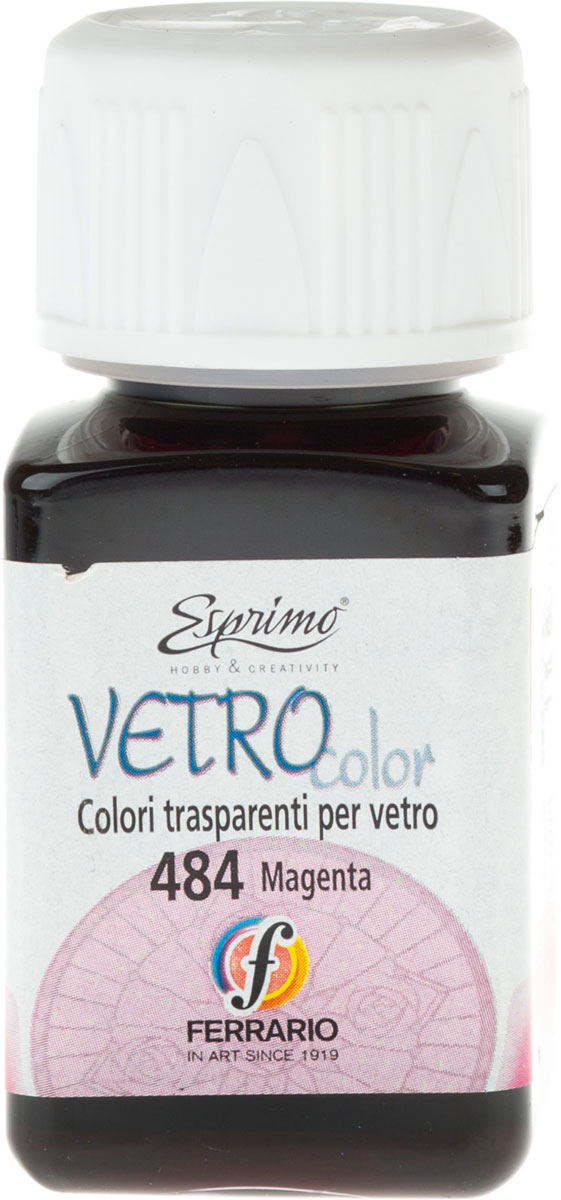 Ferrario Краска витражная Vetro Color цвет №484 маджентаCV1440AO484 Ferrario Краска витражная Vetro Color цвет №484 маджентаCV1440AO484Краска по стеклу на основе синтетических смол серии VETRO COLOR итальянской компании Ferrario. Применяется для росписи и декорирования различных материалов: стекло, керамика, фарфор, пластик. Идеально подходит для имитации витражей. Интенсивные и яркие цвета обогащены ультрафиолетовым фильтром для защиты от выцветания. Благодаря жидкой консистенции краски VETRO COLOR равномерно ложатся на стеклянную поверхность. Время высыхания зависит от толщины нанесенного слоя краски и условий окружающей среды. В серии представлен бесцветный лак INCOLVETRO, который защищает высохшие краски и придает им эффект лакировки. После высыхания декорируемый предмет можно мыть. Краски VETRO COLOR представлены палитрой из 24 цветов, включая металлические оттенки.Дополнительные характеристики:–Цвет: маджента;
