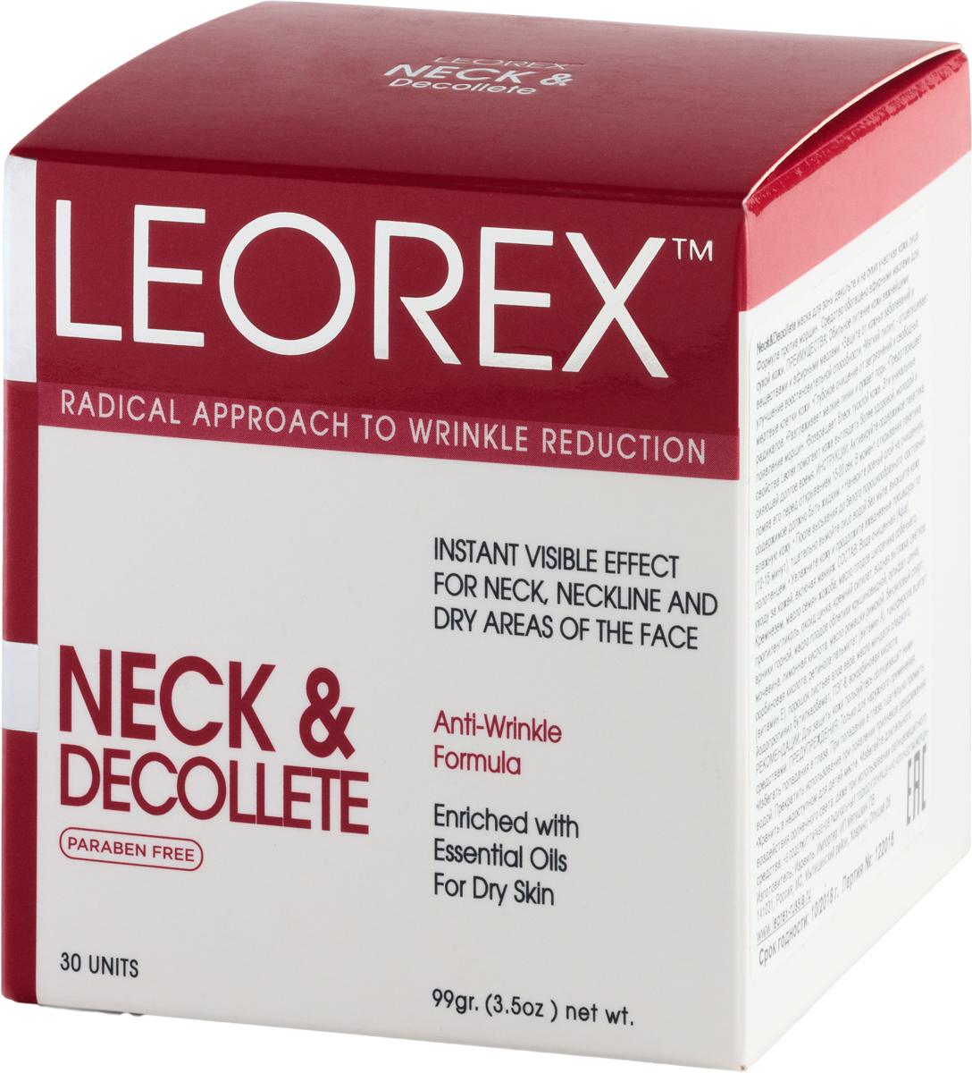 Leorex Neck Dеcolletе Гипоаллергенная нано-маска от морщин для шеи и зоны декольте, 3,3 мл х 30 шт7290011784102 Leorex Neck Dеcolletе Гипоаллергенная нано-маска от морщин для шеи и зоны декольте, 3,3 мл х 30 шт7290011784102Разработанная специалистами наноформула маски гипоаллергенна, активные компоненты и входящие в состав натуральные растительные масла предотвращают появление новых морщин, корректируют возрастные изменения, устраняют сухость и отечность кожи. Маска предназначена для эффективного разглаживания морщин, за счет нормализации лимфооттока, кровообращения в мелких капиллярах, снятия мышечного напряжения. Маска питает кожу, делает ее эластичной и упругой, глубоко проникая в слой эпидермиса. Средство можно использовать для устранения морщин не только в области шеи и декольте, но и наносить на носогубные складки. В составе находятся натуральные компоненты: масло жожоба, сладкого миндаля, шиповника и облепихи, а также экстракт ромашки, алоэ вера, арники, витамина А и Е, диоксид кремния и сульфат цинка. Перед нанесением необходимо активировать - размять пакетик перед его вскрытием до образования однородной консистенции, после этого нанести на очищенное лицо. Держать средство 15 минут, затем смыть.