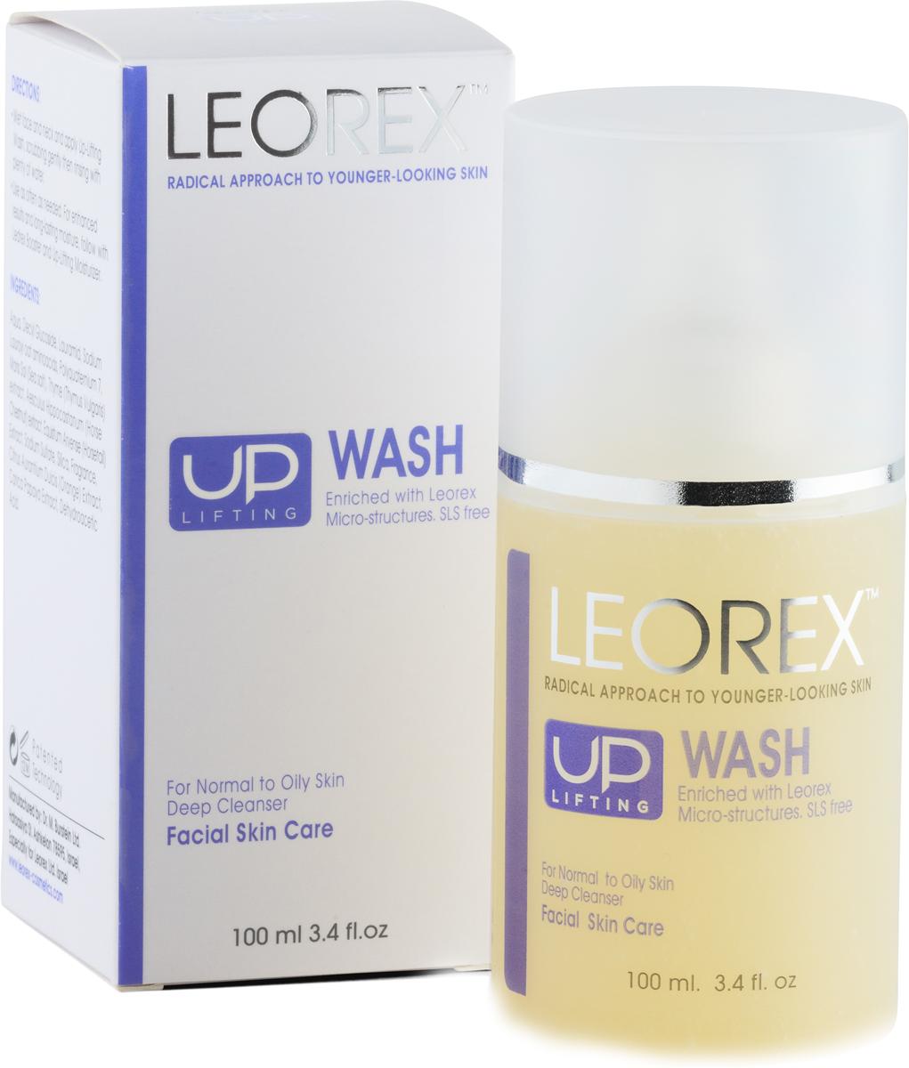 Leorex Up-Lifting Wash Очищающий гель для лица с эффектом лифтинга, 100 мл7290011784188 Leorex Up-Lifting Wash Очищающий гель для лица с эффектом лифтинга, 100 мл7290011784188LEOREX Up-Lifting Wash является великолепным очищающим средство для кожи лица, эффективно борется с морщинами, осуществляет дренаж тканей лица, снимает отёки, повышает устойчивость к стрессовым воздействиям, обладает противовоспалительным действием. Данный продукт относится к нано косметическим средствам, и помимо очищающих свойств, борется с дерматологическими проблемами, способствует быстрому заживлению микротравм. Высокое содержание микрочастиц нанокремнезема позволяет не просто очистить верхний слой эпидермиса, но и абсорбировать омертвевшие клетки, вместе с продуктами метаболизма, что способствует глубокому очищению пор и выводу токсинов. Кремнезем, или диоксид кремния, является отличным сорбентом, имеет выраженное антимикробное действие. Гель является также тонизирующим для лица, выполняет лёгкий, деликатный пилинг с гидробалансирующим эффектом, заметно уменьшается количество пигментных пятен, нормализуются секреторные функции сальных желёз, убираются отёки.