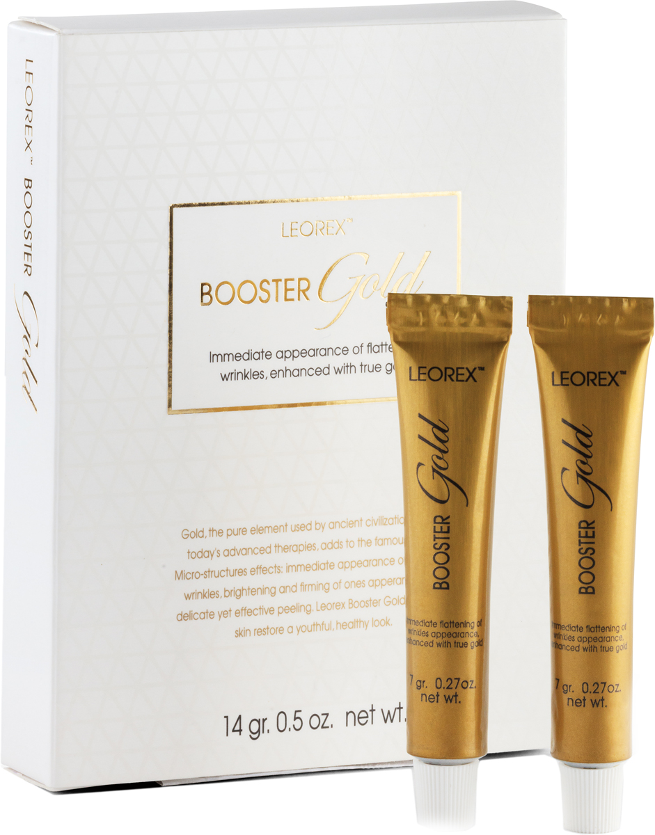 Leorex Booster Gold 2PC Маска для лица с золотом для разглаживания морщин, 7 г х 2 шт7290011784218 Leorex Booster Gold 2PC Маска для лица с золотом для разглаживания морщин, 7 г х 2 шт7290011784218Маска для лица с золотом LEOREX Booster Gold, содержащая в своём составе коллоидное золото, восстанавливает глубокие слои эпидермиса за счёт стимулирования обменных процессов в глубоких слоях кожи. Притягивая и удерживая молекулы воды, этот драгоценный компонент оказывает мощное увлажняющее действие, восстанавливает эластичность и упругость кожи. Коллоид золота стимулирует выработку естественного коллагена и эластана кожи, достигая обновления на клеточном уровне. Кожа подтягивается, уплотняется, мимические морщины существенно разглаживаются. Кроме того, частицы золота обладают бактерицидным действием, усиливает лимфоотток и микроциркуляцию кожи, что способствует интенсивному удалению токсинов. При регулярном применении тон кожи выравнивается, пигментные пятна становятся значительно менее выраженными, создаётся эффект лифтинга, кислотность нормализуется, исчезает жирный блеск. Золото инертно, поэтому маска гипоаллергенна, подходит даже для чувствительной кожи, легко смывается.