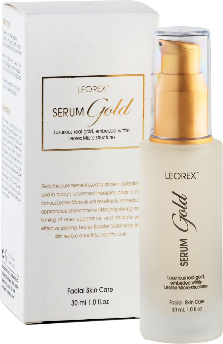 Leorex Serum Gold Сыворотка с коллоидами золота, 30 мл7290011784348 Leorex Serum Gold Сыворотка с коллоидами золота, 30 мл7290011784348Сыворотка для лица с золотом делает кожу здоровее, укрепляет и очищает, отлично подходит для зрелой кожи, замедляет процесс старения и возвращает лицу молодость и красоту. Продукт насыщает энергией, влагой и микроэлементами, глубоко увлажняет, осветляет и способствует обновлению кожи на клеточном уровне. После завершения лечебного курса LEOREX Serum Gold полученный результат держится максимально долго, так как частицы золота активно работают в различных направлениях и при этом положительно действуют на кожу. Помимо этого, препарат снимает болезненный и усталый вид, избавляет от стресса, а также придает коже удивительный цвет, наполняет ее молодостью и свежестью. Сыворотка с золотом имеет уникальное омолаживающее действие, защищает от пигментации, а также оживляет внешний вид и придает лицу свежесть и натуральность. Кроме того, золото активизирует клетки и усиливает защиту, восстанавливает естественные процессы и обеспечивает поверхностное защитное действие.