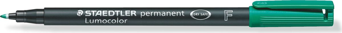 Staedtler Маркер перманентный Lumocolor 0,6 мм цвет чернил зеленый318-5 Staedtler Маркер перманентный Lumocolor 0,6 мм цвет чернил зеленый318-5Универсальный маркер для большинства поверхностей. Толщина линии - F, приблизительно 0,6 мм. Зеленый цвет чернил. Подходит для работы с проекторами и на CD/DVD. Превосходная защита от смазывания и водоустойчивые характеристики на большинстве гладких поверхностей. Высыхает в считанные секунды, что делает его идеальным для левшей. Перманентные, слабо пахнущие чернила. Корпус и колпачок из полипропилена гарантируют долгий срок службы. Защита от высыхания - может быть оставлен без колпачка на несколько дней. Безопасно для самолетов - автоматическое выравнивание давления предотвращает от вытекания чернил на борту самолета. Чернила без ксилона и толуола.