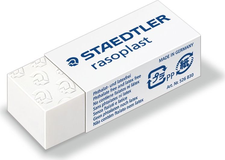 Staedtler Ластик Rasoplast B30 цвет белый526B3002 Staedtler Ластик Rasoplast B30 цвет белый526B3002Ластик rasoplast 526 B белого цвета, размер 43x19x13 мм. Комфортное и высококачественое стирание. Минимальное количество крошек. Упакован в защитную целофановую пленку с практичной отрывной лентой. Скользящая манжетка для удобного держания.