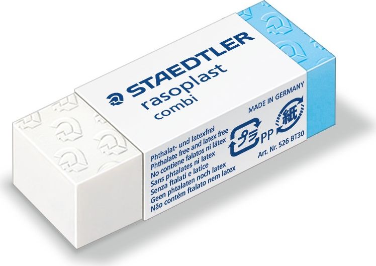Staedtler Ластик Rasoplast Combi цвет белый синий526BT3003 Staedtler Ластик Rasoplast Combi цвет белый синий526BT3003Ластик rasoplast combi 526 B белого и синего цвета, размер 43x19x13 мм. Синяя часть ластика предназначена для стирания чернил с бумаги. Комфортное и высококачественое стирание. Минимальное количество крошек. Упакован в защитную целофановую пленку с практичной отрывной лентой. Скользящая манжетка для удобного держания.