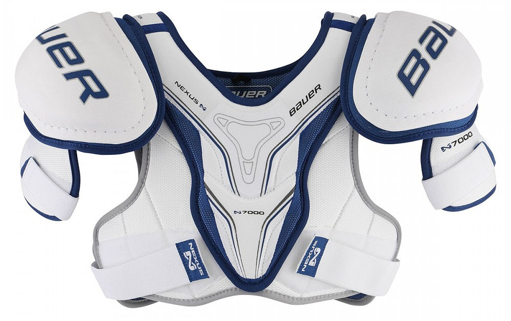 Наплечники Bauer Nexus N7000, цвет: белый, синий. 1048038. Размер L1048038 Наплечники Bauer Nexus N7000, цвет: белый, синий. 1048038. Размер L1048038Больше движения и контроля с сегментированными частями нагрудника. Интегрированная чашка со вставкой средней плотности на плечах защищает от сильных ударов. Та же пена средней плотности обеспечивает превосходную защиту спины, груди, позвоночника и почек.