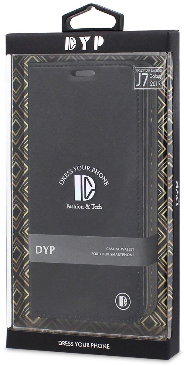 DYP Casual Wallet чехол для Samsung Galaxy J7 (2017), BlackDYPCR00019 DYP Casual Wallet чехол для Samsung Galaxy J7 (2017), BlackDYPCR00019Чехол-книжка DYP Casual Wallet выполнен из высококачественных материалов и практически не увеличивает размер устройства. А благодаря его удобной конструкции все функциональные кнопки и разъемы остаются свободными. Чехол надежно защитит ваш аппарат от царапин и сколов, механических повреждений, а также позволит хранить кредитные карты или визитки в специально отведенном кармашке. Крышка может использоваться как подставка под устройство, для удобного просмотра видео.