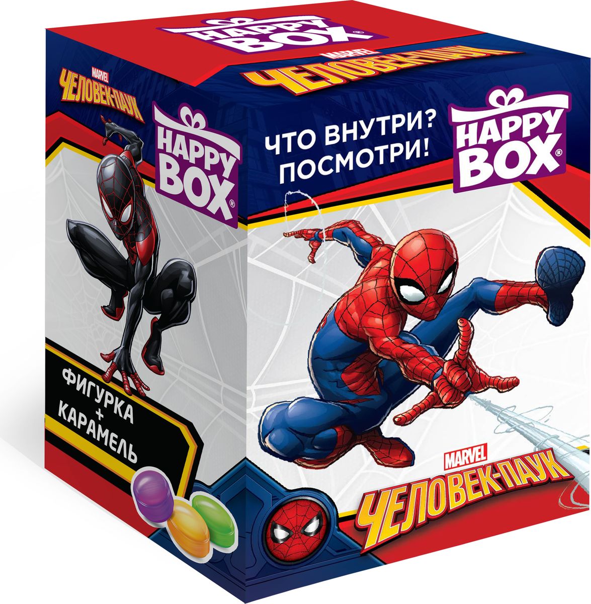 Happy Box Человек Паук карамель с игрушкой, 18 гHB-2-18 Happy Box Человек Паук карамель с игрушкой, 18 гHB-2-18Человек-паук едва ли не самый известный из героев Вселенной Marvel. По-настоящему большие игрушки. Каждая из них 6-7 см в высоту и 5-6 см в ширину. Всего в коллекции представлено 6 игрушек с собственными специальными подставками, благодаря которым они устойчиво стоят. Когда собраны все фигурки, подставки соединяются друг с другом, и игрушки составляются в круговую диораму. В любой коллекции такая экспозиция займет достойное место и будет смотреться стильно и эффектно.