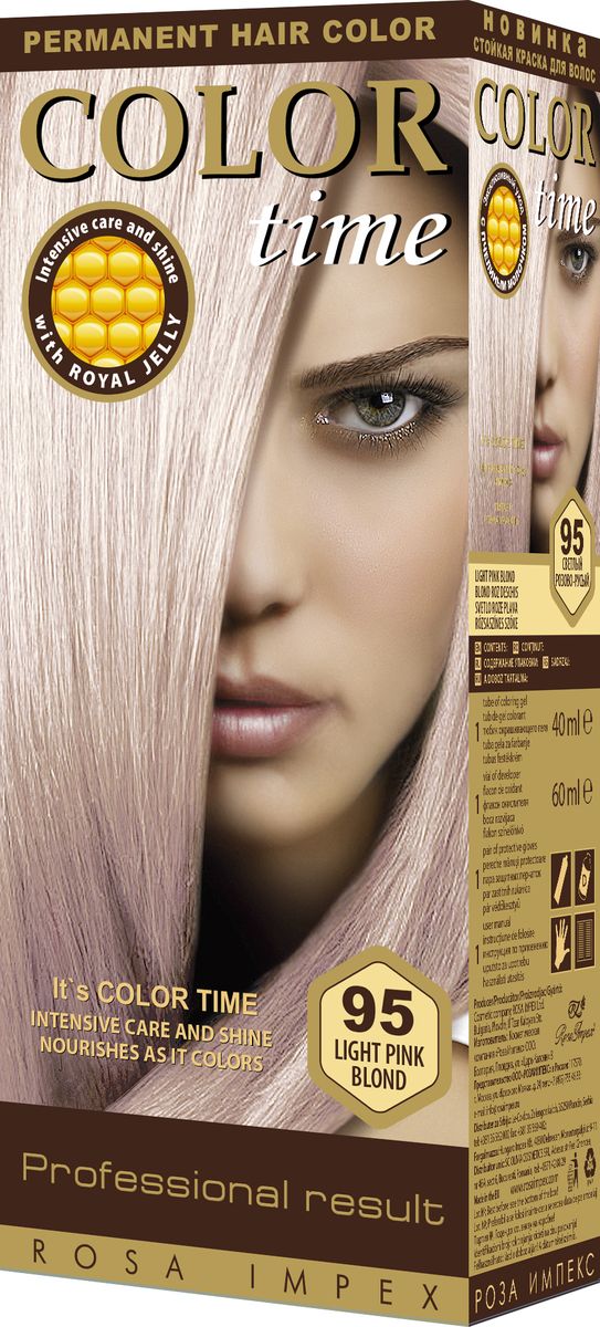 Color Time Гель-краска для волос 95 Светлый розово-русый, 100 мл2313-4-95 Color Time Гель-краска для волос 95 Светлый розово-русый, 100 мл2313-4-95COLOR TIME - Стойкая гель-краска для волосНовое поколение - формула на основе геляИнтенсивный блеск и уход с Пчелиным молочком ROYAL JELLYИнновационная формула с пчелиным молочком ROYAL JELLY обеспечивает идеальный баланс:- насыщенного цвета;- интенсивного ухода и надежной защиты.Комплекс из 18 аминокислот, пептидов, протеинов и стеролов питает волосы и восстанавливает их структуру. Питательные вещества пчелиного молочка являются строительным материалом для клеток волос, способствуют восстановлению и укреплению структуры волос и улучшают их внешний вид.Новая профессиональная формула на основе геля делает цвет исключительно устойчивым. Эта формула позволяет цветным пигментам в комбинации с Пчелиным молочком глубоко проникнуть внутрь волоса и получить таким образом результат: УНИКАЛЬНЫЙ ЦВЕТ и ЖИВЫЕ ВОЛОСЫ.Для дополнительного ухода в формулу добавлен и специальный силиконовый кондиционер, который делает волосы более БЛЕСТЯЩИМИ и МЯГКИМИ.Краска для волос COLOR TIME предназначена для женщин:- любого возраста, использующих косметику на основе натуральных, природных компонентов;- современных и стильных;- предпочитающих натуральные насыщенные цвета;- готовых экспериментировать и быть всегда в моде;Степень Стойкости 3 – обеспечивает стойкое окрашивание до появления отросших волос.100 % окрашивание седых волос.Оптимальное окрашивание седых волос за 30 мин.