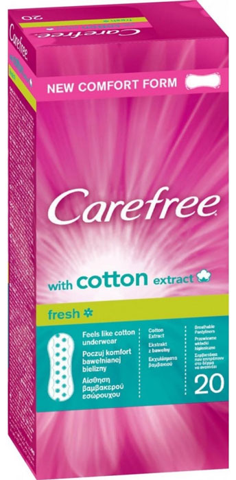 Carefree Ежедневные прокладки Cotton Fresh, ароматизированные, 20 шт38346/80681_подарок Carefree Ежедневные прокладки Cotton Fresh, ароматизированные, 20 шт38346/80681_подарокCarefree Ежедневные прокладки Cotton Fresh.Сохраняйте ощущение чистоты и свежести каждый день с ежедневными ароматизированными прокладками Carefree Cotton Fresh с экстрактом хлопка. Эти воздухопроницаемые прокладки мягкие, как хлопок. Вы просто забудете об их существовании, останется только ощущение чистоты и свежести. Протестированы дерматологами. Воздухопроницаемая поверхность позволяет вашей коже дышать для свежести De Luxe;Мягкие как хлопок, поэтому вы их практически не чувствуете и наслаждаетесь комфортом De Luxe;Быстро впитывают влагу, помогая предотвратить появление запаха и сохранить ощущение свежести De Luxe.Товар сертифицирован.