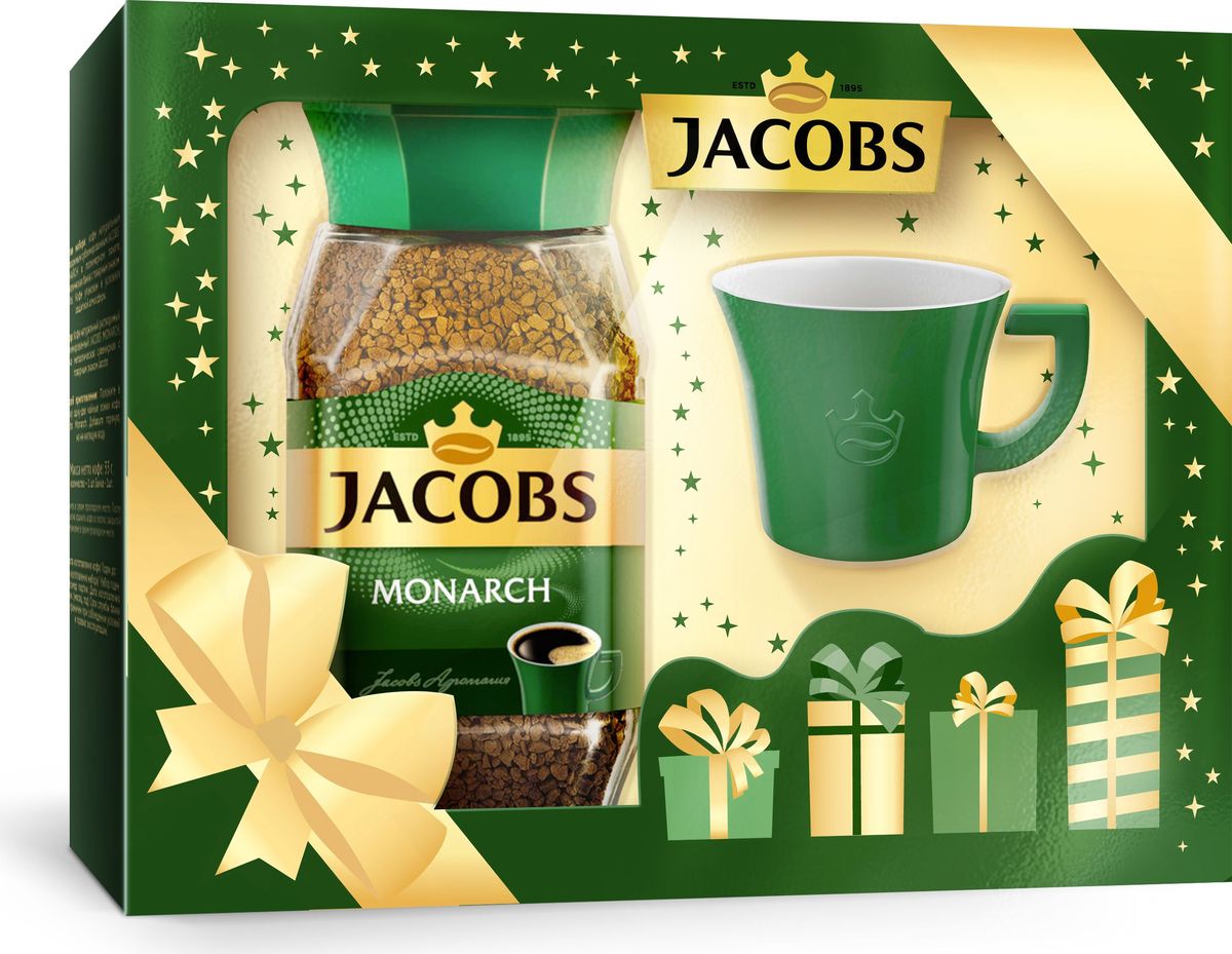 Jacobs Monarch кофе растворимый сублимированный + чашка с рисунком, 95 г8050089 Jacobs Monarch кофе растворимый сублимированный + чашка с рисунком, 95 г8050089Подарочный набор: Кофе натуральный растворимый сублимированный JACOBS MONARCH + посуда из керамики: чашка с рисунком.Кофе Jacobs Monarch натуральный растворимый сублимированный, 95гр.Jacobs Monarch обладает богатым, классическим вкусом и притягательным ароматом благодаря искусному сочетанию отборных кофейных зерен и глубокой обжарке, и является наиболее популярным кофе в линейке Jacobs Monarch.Аромагия сближает!Способ приготовления: положите в чашку одну чайную ложку кофе Jacobs Monarch. Добавьте горячую, но не кипящую воду.Хранить в сухом прохладном месте.Срок годности 2 года.