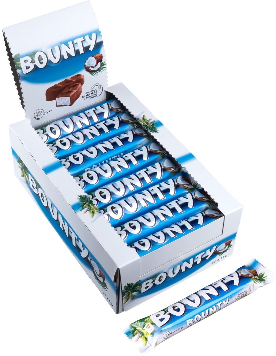 Bounty шоколадный батончик, 32 шт по 55 г79007030 Bounty шоколадный батончик, 32 шт по 55 г79007030BOUNTY - это нежнейшая мякоть кокоса, покрытая молочным шоколадом, изготовленным из отборных ингредиентов. Съешь BOUNTY и представь, что находишься на тропическом острове, забудь заботы и тревоги, получи райское наслаждение.