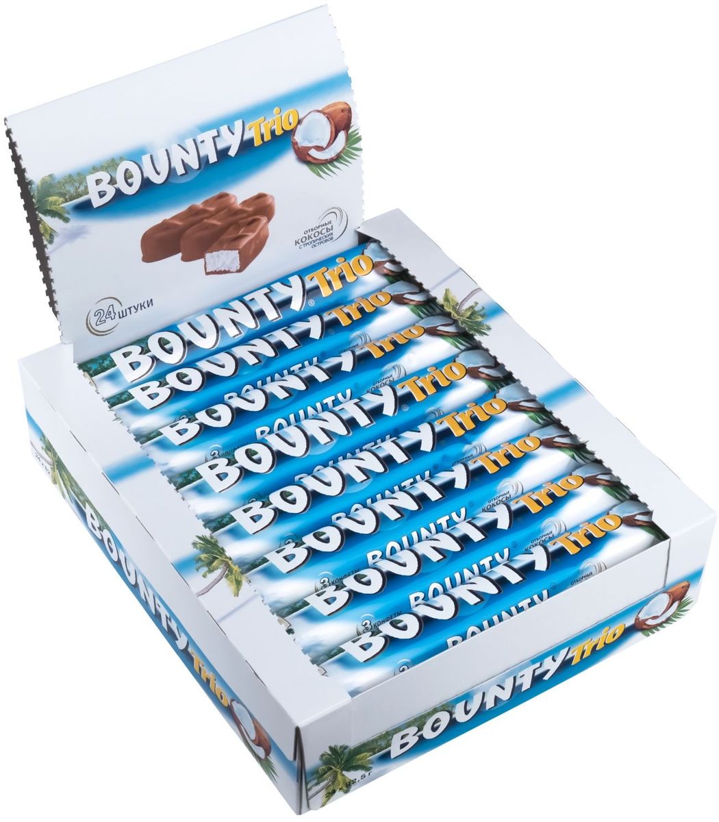 Bounty Trio шоколадный батончик, 24 шт по 82,5 г79007031 Bounty Trio шоколадный батончик, 24 шт по 82,5 г79007031BOUNTY Trio - это еще больше нежнейшей мякоти кокоса, покрытой молочным шоколадом, изготовленным из отборных ингредиентов. Съешь BOUNTY и представь, что находишься на тропическом острове, забудь заботы и тревоги, получи райское наслаждение.
