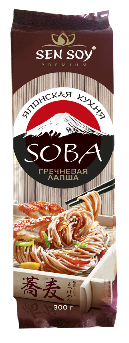 Sen Soy Premium Лапша гречневая Soba, 300 г4607041132729 Sen Soy Premium Лапша гречневая Soba, 300 г4607041132729Лапша - один из основных компонентов японской кухни, столь популярной сегодня во всем мире. Японская лапша готовится из особенно качественной муки с соблюдением древних традиций, поэтому она весьма питательна и полезна для здоровья.Японская лапша Soba готовится с использованием гречневой муки, чем и объясняется ее коричневатый цвет и мягкий своеобразный оттенок вкуса. Такая лапша очень хороша в различных японских супах из мяса и птицы, а также в холодных салатах - овощных или мясных.Уважаемые клиенты! Обращаем ваше внимание на то, что упаковка может иметь несколько видов дизайна. Поставка осуществляется в зависимости от наличия на складе.