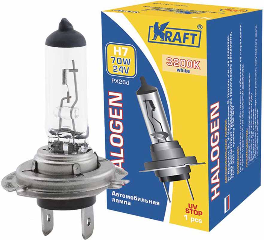 Лампа автомобильная галогенная Kraft Basic, H7, 24V, 70W (PX26d)КТ 700016 Лампа автомобильная галогенная Kraft Basic, H7, 24V, 70W (PX26d)КТ 700016Автомобильные галогенные лампы серии Kraft Basic 24V предназначены для установки на автомобили с бортовой сетью 24 Вольта