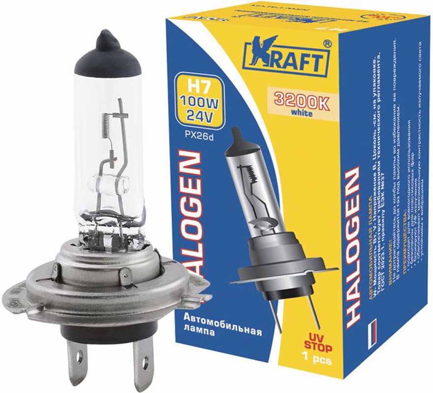 Лампа автомобильная галогенная Kraft Basic, H7, 24V, 100W (PX26d)КТ 700017 Лампа автомобильная галогенная Kraft Basic, H7, 24V, 100W (PX26d)КТ 700017Автомобильные галогенные лампы серии Kraft Basic 24V предназначены для установки на автомобили с бортовой сетью 24 Вольта