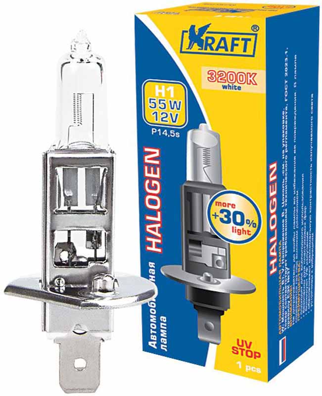 Лампа автомобильная галогенная Kraft Basic, H1 +30%, 12V, 55W (P14,5s)КТ 700065 Лампа автомобильная галогенная Kraft Basic, H1 +30%, 12V, 55W (P14,5s)КТ 700065До +30% больше света благодаря усовершенствованной нити накала. Хорошее соотношение яркости свечения и срока службы