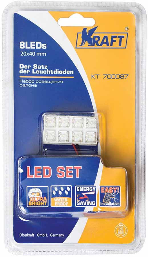 Набор автомобильных ламп Kraft Basic, 8LEDs, 20x40 mmКТ 700087 Набор автомобильных ламп Kraft Basic, 8LEDs, 20x40 mmКТ 700087Отсутствие нити накала и высокий ресурс прочности обеспечивают высокую надежность светодиодной лампы. - Отсутствие ультрафиолетового и инфракрасного излучения не привлекает насекомых, а отсутствие паров ртути и других вредных веществ в составе делают светодиодные лампы безопасными для окружающей среды. Светоизлучающий диод – это источник света XXI века.