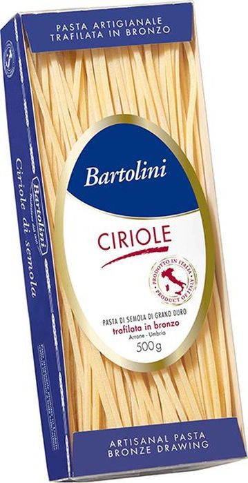 Bartolini Ciriole паста, 500 г072 Bartolini Ciriole паста, 500 г072Для производства макаронных изделий фабрика «Bartolini» использует пшеницу с собственных полей и воду из источников с территории национального парка «NERO RIVER». Все пасты Bartolini изготавливаются с помощью бронзовых пресс– насадок, для придания шероховатости необходимой для лучшего впитывания масла и соуса. Для сохранения витаминов, сушка изготовленной на фабрике пасты, происходит при невысокой температуре 28 градусов в течении многих часов.