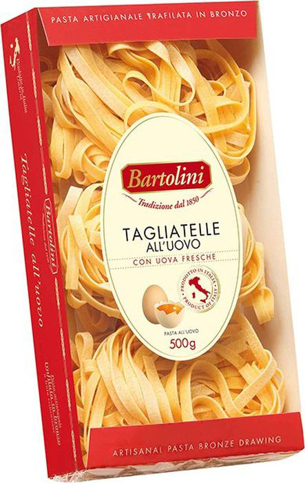 Bartolini Tagliatelle AllUovo паста, 500 г097 Bartolini Tagliatelle AllUovo паста, 500 г097Для производства макаронных изделий фабрика «Bartolini» использует пшеницу с собственных полей и воду из источников с территории национального парка «NERO RIVER». Все пасты Bartolini изготавливаются с помощью бронзовых пресс– насадок, для придания шероховатости необходимой для лучшего впитывания масла и соуса. Для сохранения витаминов, сушка изготовленной на фабрике пасты, происходит при невысокой температуре 28 градусов в течении многих часов.