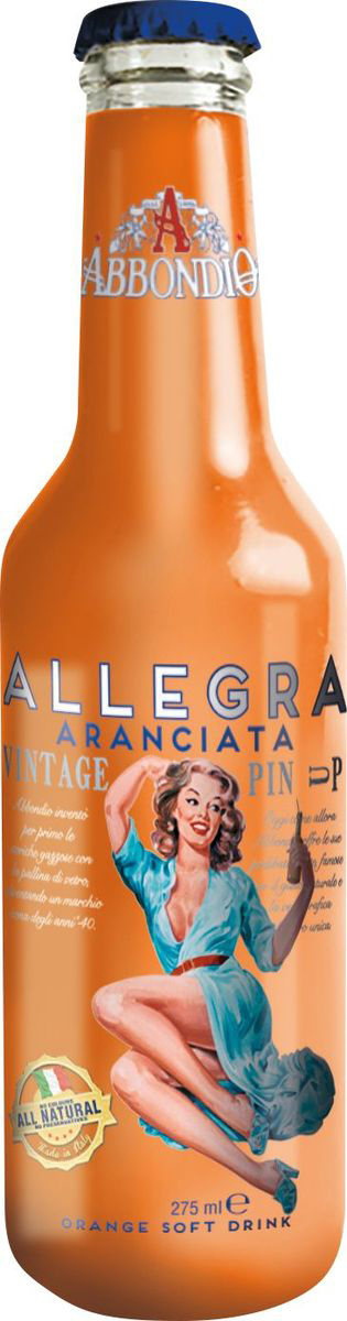 Abbondio PinUp Allegra Аranciata, лимонад безалкогольный слабогазированный, 0,275 л6616 Abbondio PinUp Allegra Аranciata, лимонад безалкогольный слабогазированный, 0,275 л6616Новый взгляд на традиционный апельсиновый вкус. В состав входит сок истинных итальянских апельсинов, лимонов и настой их свежих корок. Стойкое послевкусие, хорошо освежает.
