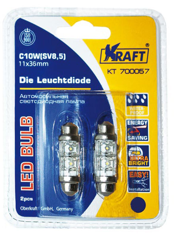 Лампа автомобильная светодиодная Kraft Basic, C10W (SV8,5), 11x36, blue, 2 LEDs, 2 штКТ 700057 Лампа автомобильная светодиодная Kraft Basic, C10W (SV8,5), 11x36, blue, 2 LEDs, 2 штКТ 700057Автомобильные светодиодные лампы серии Kraft Basic – это современная энергоэффективная и надежная альтернатива традиционным лампам накаливания. Основными преимуществами светодиодов серии Kraft Basic являются: - Пониженное энергопотребление и высокая энергоэффективность. Светодиоды имеют КПД до 60% (КПД традиционных ламп накаливания 5-15%), что обеспечивает потребление энергии в 8 раз меньше, чем у традиционных ламп накаливания при одинаковой яркости. Это бесспорно снижает нагрузку на бортовую сеть и генератор, продлевает срок службы аккумулятора. - Длительный срок службы. Срок службы светодиода достигает 20 000 часов, что в 20 раз больше срока службы традиционной лампы накаливания. - Малая инерционность. Светодиод загорается на доли секунды быстрее, чем традиционная лампа накаливания, это преимущество особо ценно для стоп-сигналов автомобиля. - Высокая надежность.