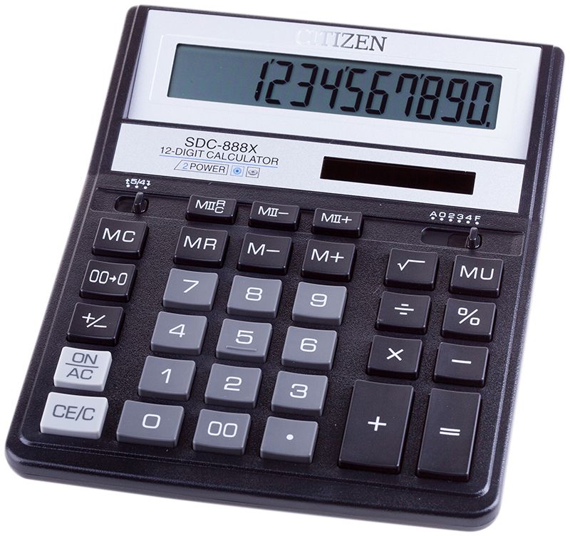 Citizen Настольный калькулятор SDC-888XSDC-888XBK Citizen Настольный калькулятор SDC-888XSDC-888XBKКультовая модель среди калькуляторов Citizen с наиболее удобным расположением кнопок. Фиксированный угол наклона дисплея. Кнопки вычисления процентов, смены знака, двойного нуля, две ячейки для хранения в памяти двух чисел. Функция вычисления с учетом торговой наценки (MU). Поставляется в картонной упаковке с окном. Размер 205 х 159 х 27 мм.